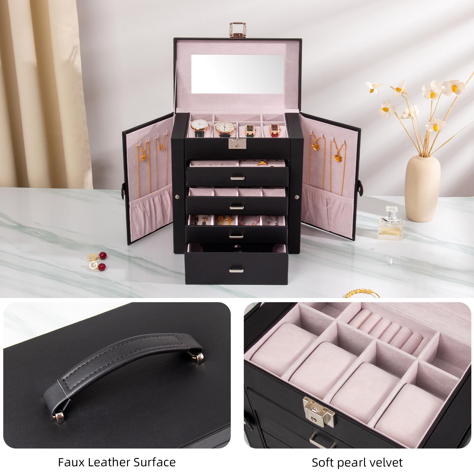 AKOZLIN Grande portagioie organizer funzionale con grande specchio, custodia per gioielli in pelle per donne e ragazze, per anelli, collane, orecchini, bracciali, organizer