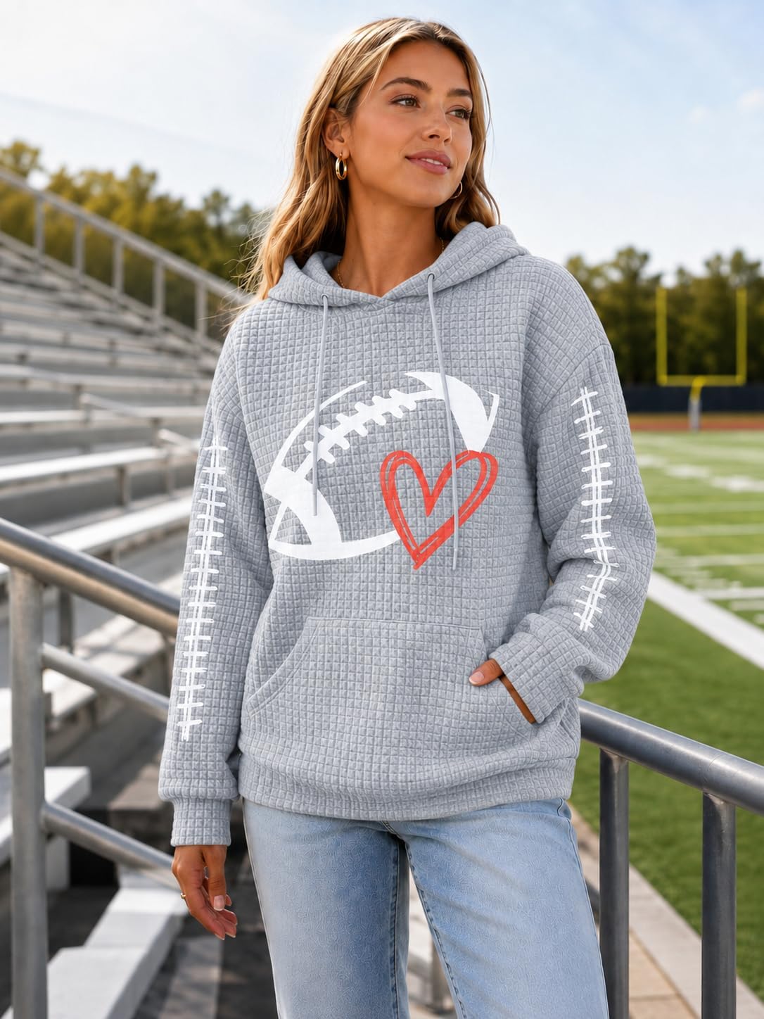 Game Day Hooded Sweatshirt Women Funny Football Graphic Shirt Waffle Knit Game Day Pullover Hoodies Long Sleeve