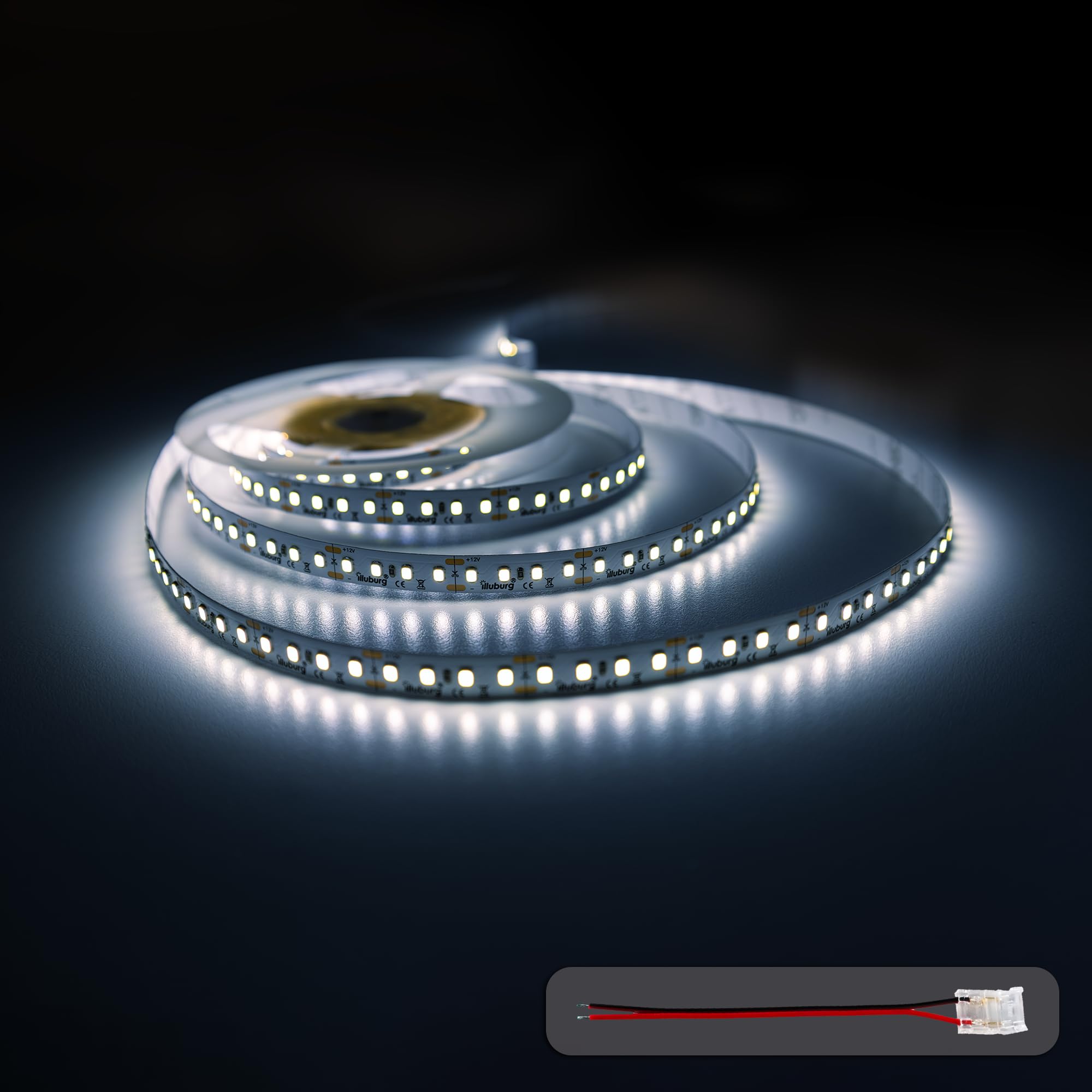 illuburg 12V LED Strip 5m Kaltweiß 6000K 128LEDs/M 12W/M 7200lm Superhell SMD 2835 Dimmbar Selbstklebend LED Streifen Lichtband Lichtleiste Deko Beleuchtung