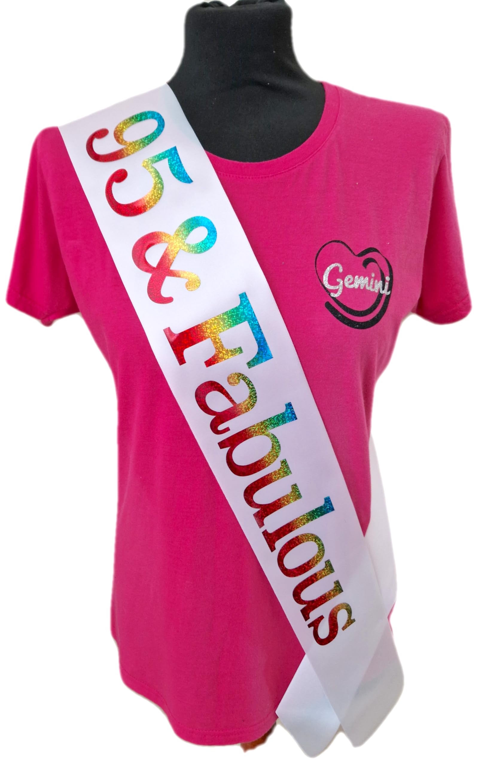 95th Birthday Sash - 95 & Fabulous Birthday Sash - Beautiful Quality White Ribbon and Holographic Rainbow Font - 95th Birthday Sash
