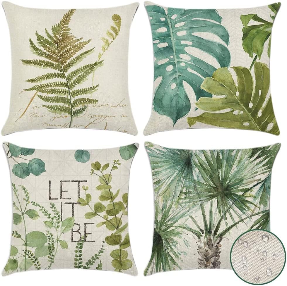 Artscope Set of 4 Decorative Throw Pillow Covers 18x18 Inches, Green Leaf Pattern Waterproof Cushion Covers, Perfect to Outdoor Patio Garden Living Room Sofa Farmhouse Decor