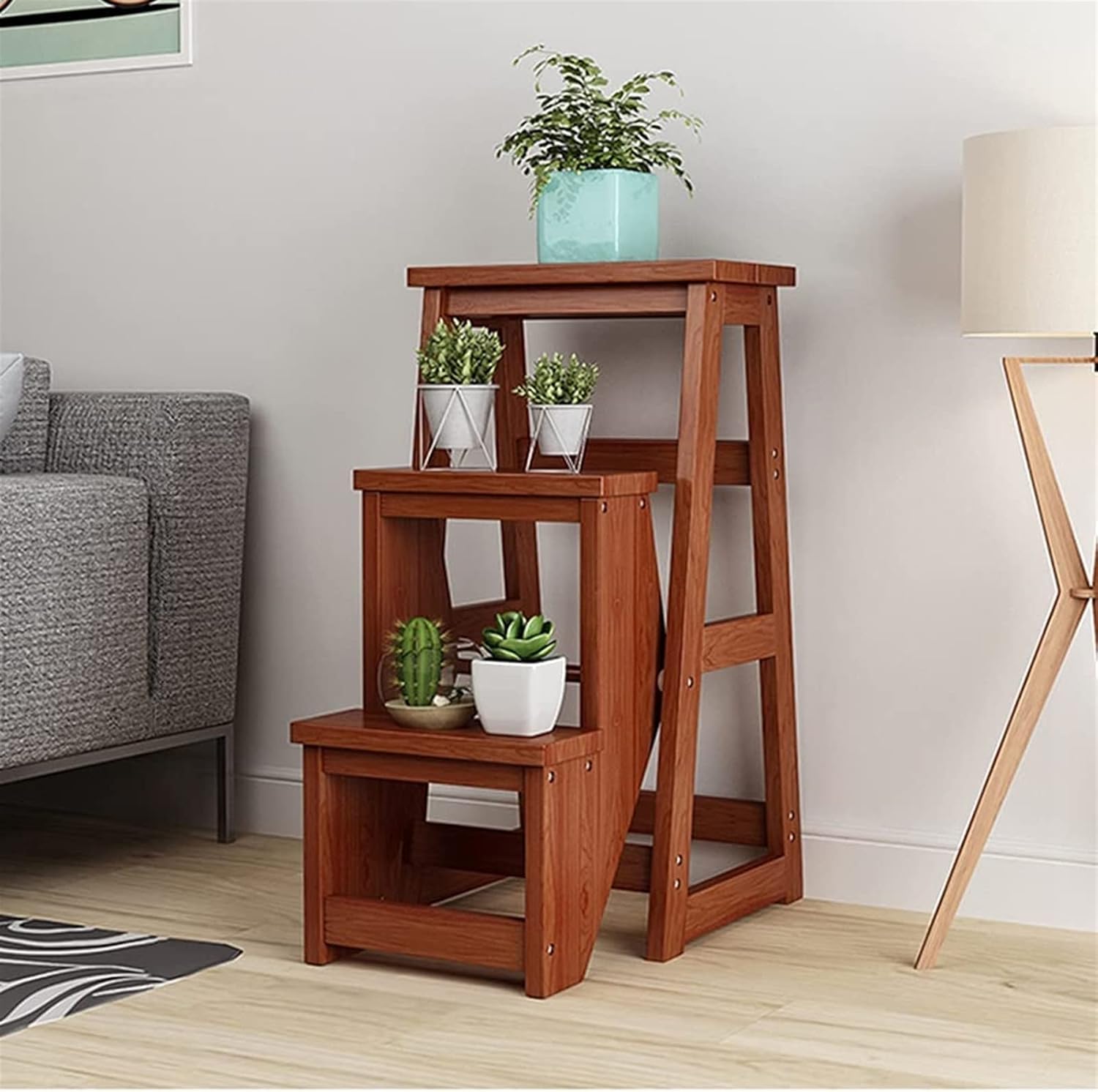 Modern Multi-Functional Step Stool Library Ladder Chair Library Furniture Folding Wooden Stool Chair Step Ladder for Home Maximum Load 150kg (Wood Color)
