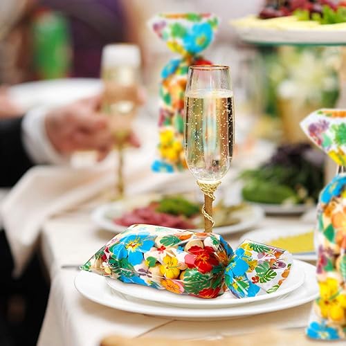 Miniatura 5 de 100 bolsas hawaianas de celofán Luau tropical, Aloha Hibiscus, bolsas de golosinas, suministros para fiestas Tiki, decoraciones Luau con 100 lazos