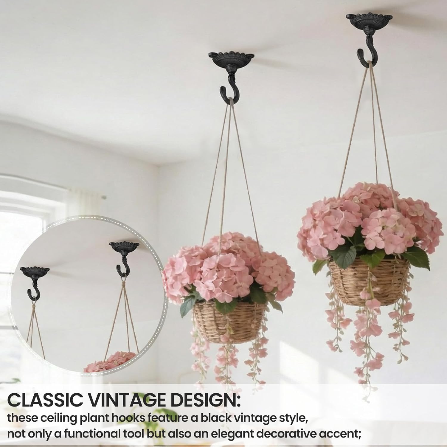 3 Pack Heavy Duty Cast Iron Ceiling Hooks 3.5x3.9 Inch Vintage Decorative Plant Hangers Rust-Resistant Ceiling Swag Hooks for Hanging Plants, Wall, Lanterns, Wind Chimes