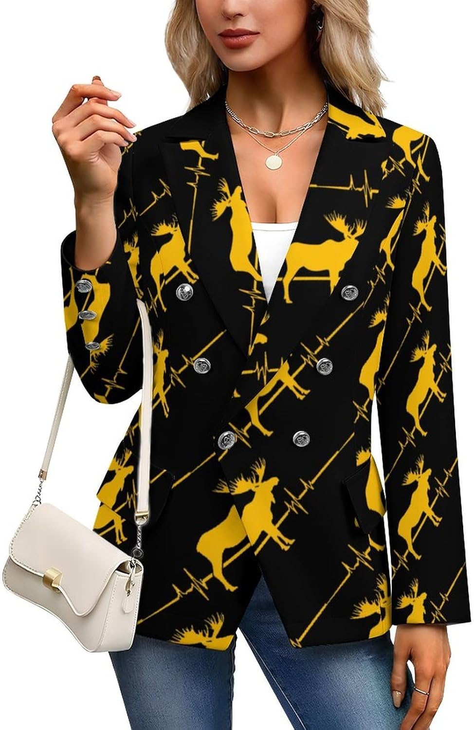 Moose Heartbeat Women's Blazer Long Sleeve Suits Business Casual Blazers Jackets Lapel Open Front Suit