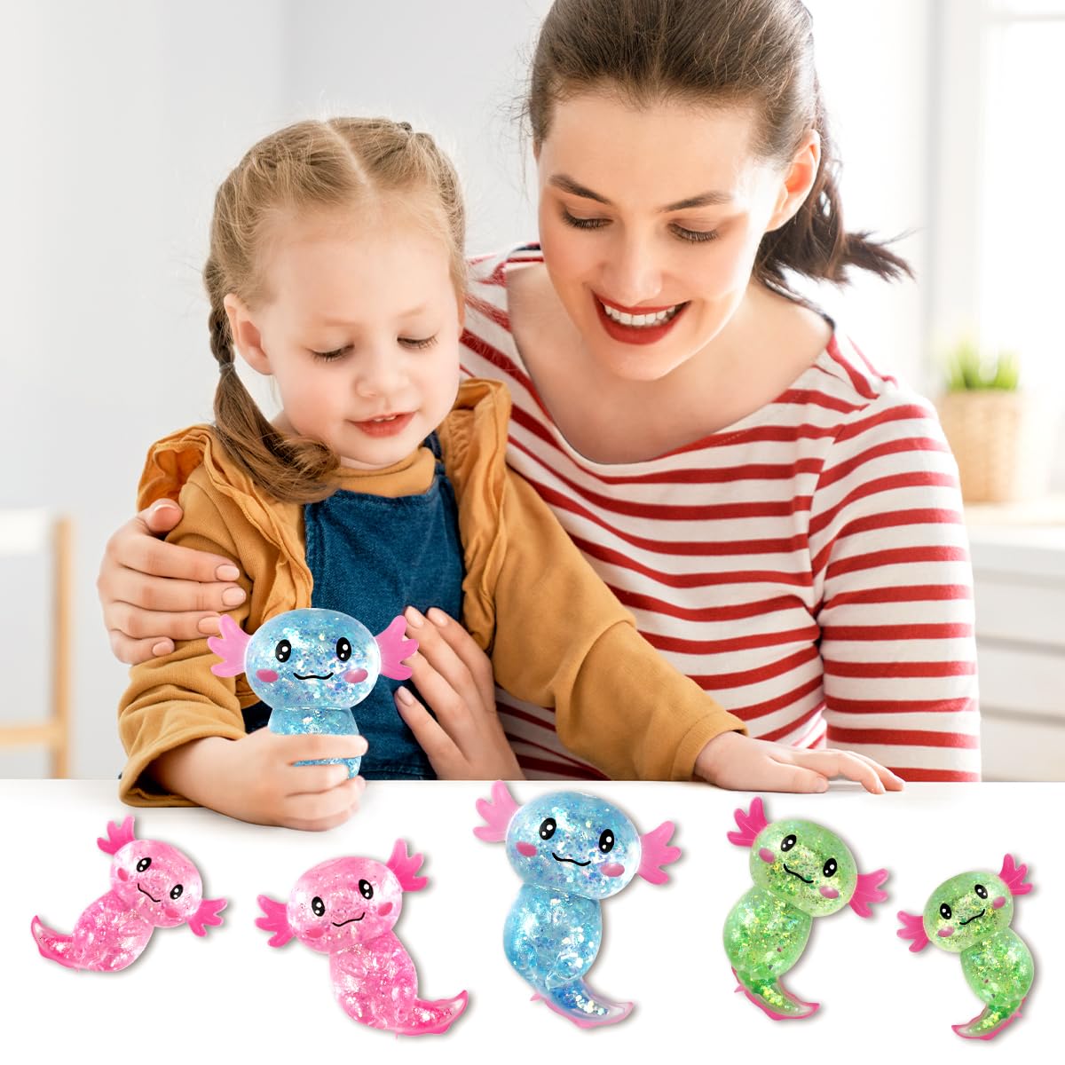 3 sztuki Axolotl Squeeze Toy - Redukcja i relaks stresu, błyszcząca Axolotl Anti -Stress Toy Squishy, ​​Squishy Squeeze Toys, Fidget Toys (zielony, niebieski, różowy) dla dzieci dorosłych
