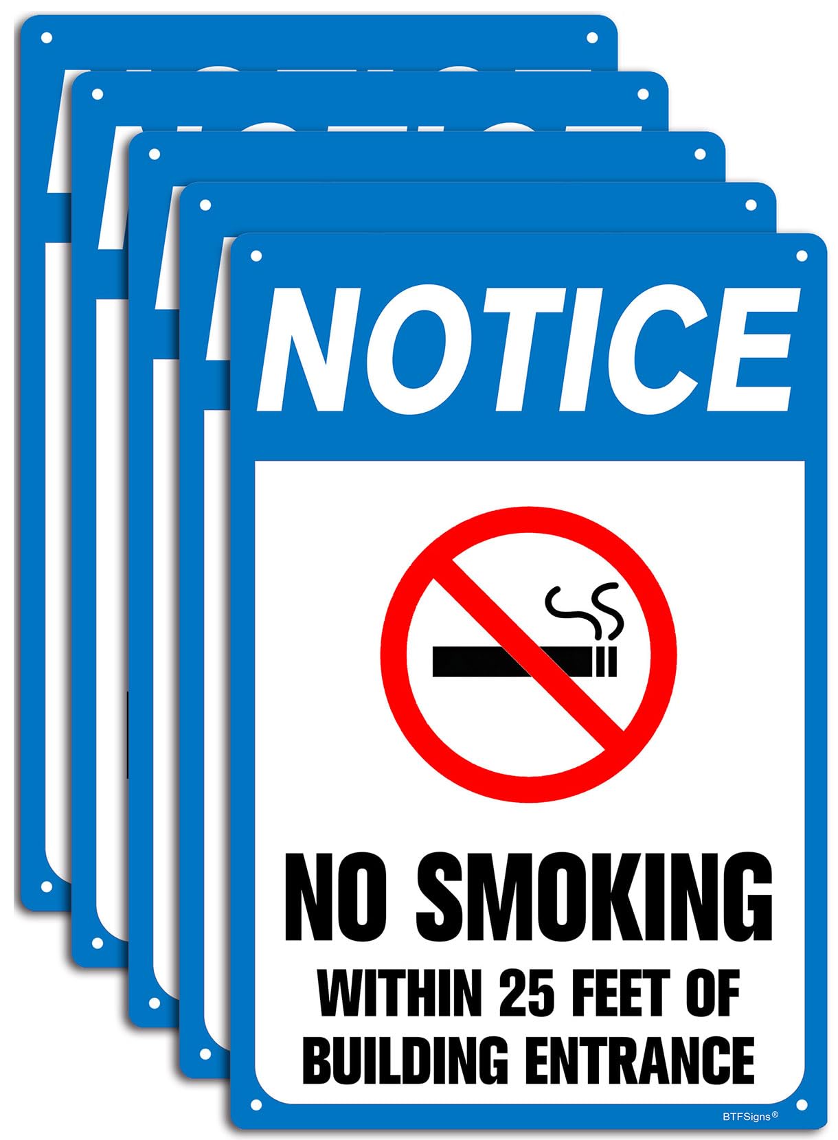 (5 pack) No Smoking Within 25 Feet Of Building Entrance Sign, 8"x12" Aluminum Blue Notice Signs for Business, Office, Restaurant Wall Decor