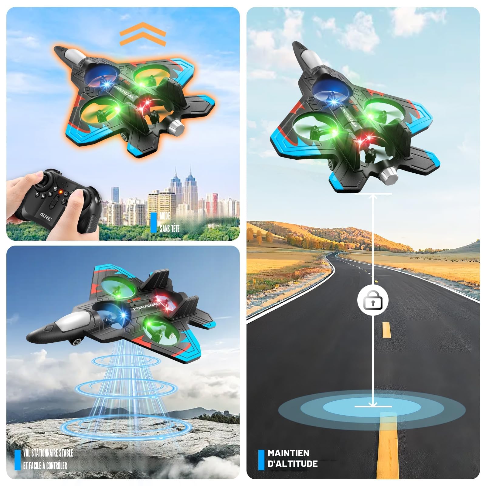 4DRC Avion V32 Télécommandé Jet avec Lumières Flip 360° Maintien de Hauteur Mode sans Tête Démarrage 1 Clic