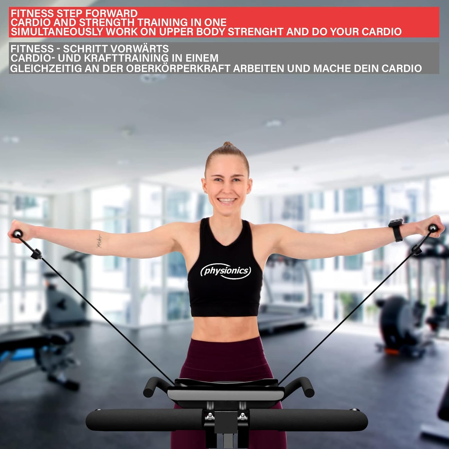 A person demonstrating the use of the integrated resistance bands on the Physionics Folding Exercise Bike.