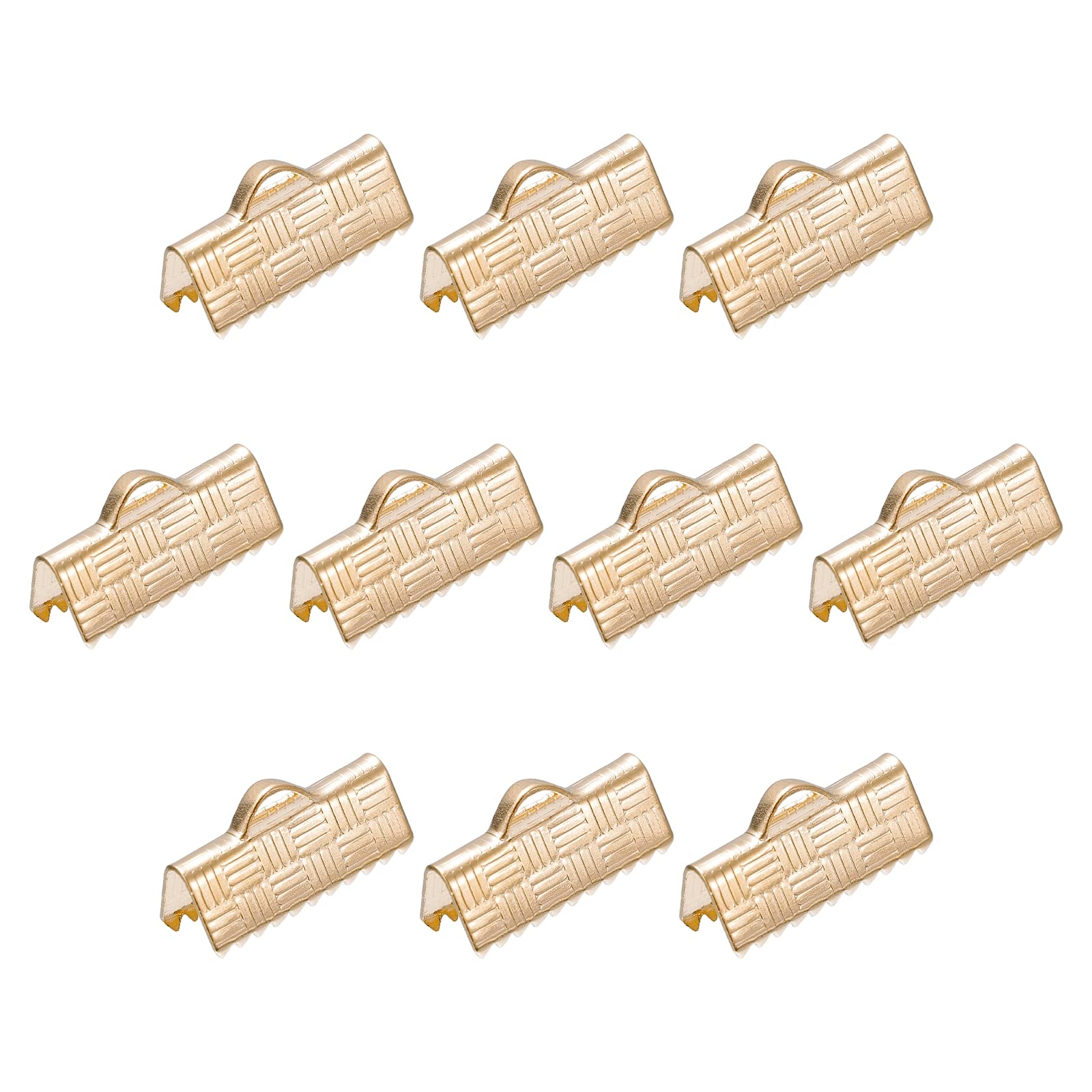 sourcing map 200Pcs Ribbon End Crimp Clamps, 16mm Stripe Texture Pinch Cord End Clasps for DIY Bracelet Making, Gold Tone