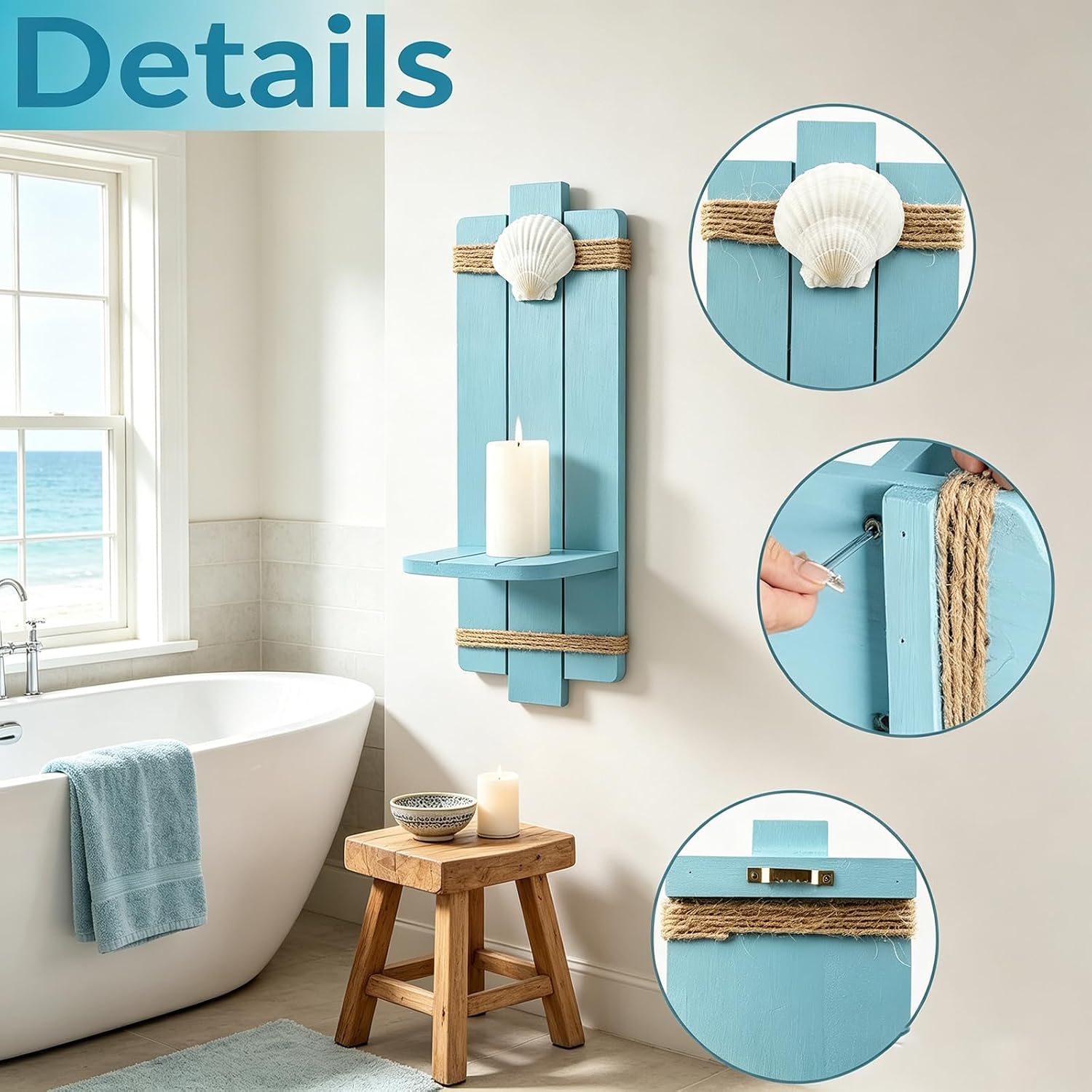 Coastal Wall Candle Sconces Set of 2 Rustic Wooden Wall Mount Candle Holders Beach Shell Ocean Themed Decor Nautical Decorations for Bathroom, Living Dining Room Office (Blue)