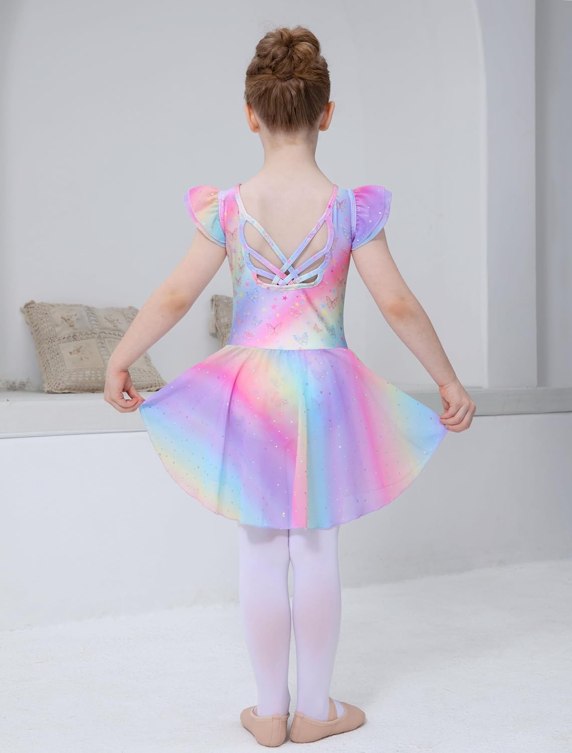 Mecceos Girls Ballet Leotard with Skirt Toddler Dance Dresses Criss-Cross Hollow Back Ruffle Butterfly Sleeve Ballerina