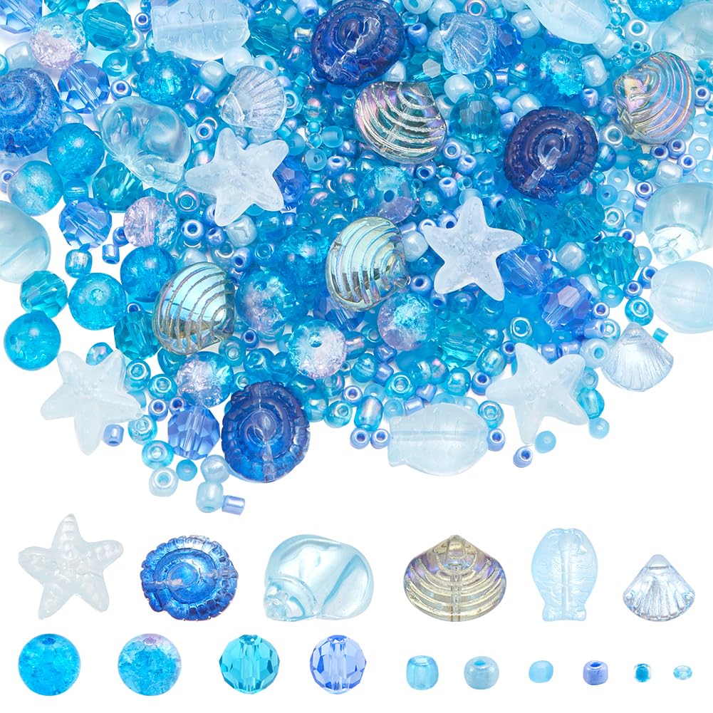 SUNNYCLUE 1 Box About 3000Pcs Blue Ocean Beads Kit Summer Glass Beads Bulk Cute Small Cyan Hawaii Sea Fish Seashell Starfish Spacer Round Seed Beads for jewellery Making Kits Bracelet Diy Beading Craf