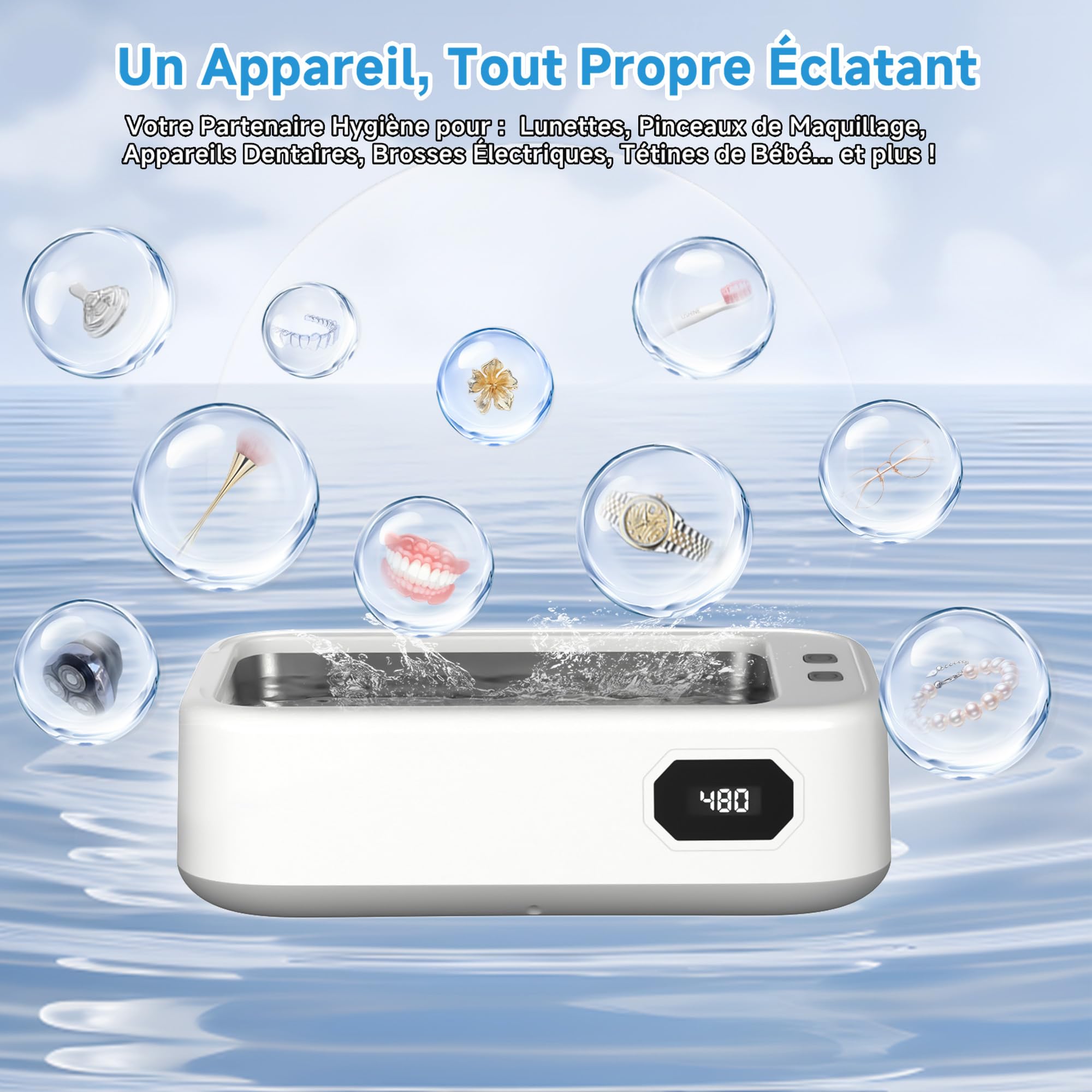 Nettoyeur Ultrasons, 49 kHz Ultrasonic Cleaner, Bac à Ultrason Pour Lunettes 5 Modes de Nettoyage, 640ml Nettoyeur Ultrason Bijoux, Nettoyage Lunettes, Prothèses Dentaires, Bijoux