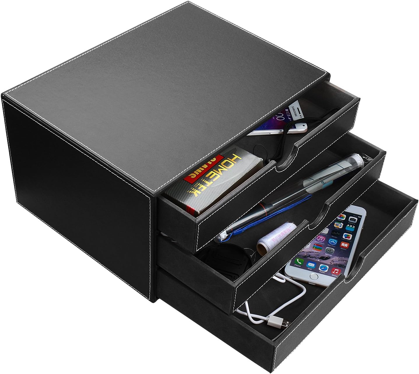 HOMETEK Multi-Functional 3 Drawer Leather Desk Organizer File Cabinet Office Supplies Desktop Storage Jewelry Organizer Box with Drawer (Black)
