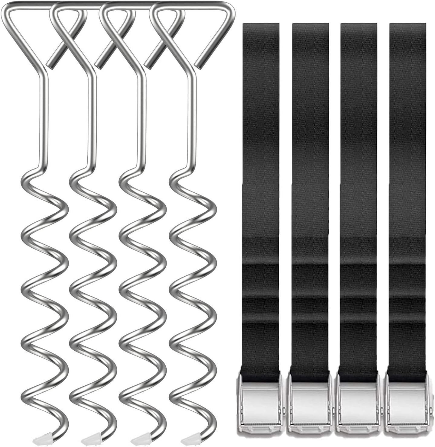 Safly Fun Heavy Duty Trampoline Stakes Anchor Kit, Spiral Ground Anchors with Straps & Installation Tool, Secure for Trampoline, Tent, Canopy, Gazebo, Dog Tie-Out (4-Pack)