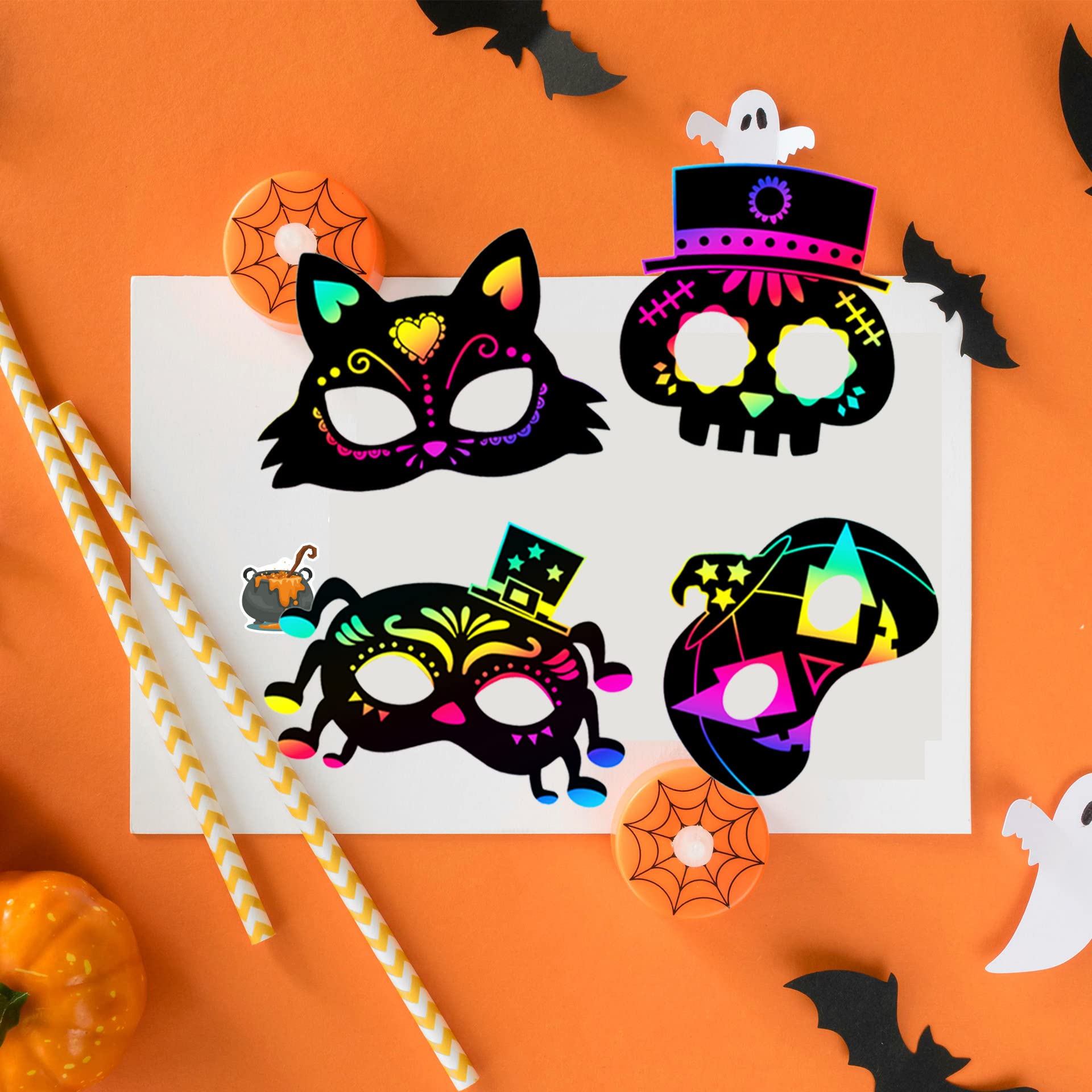 Kit De Máscaras De Halloween Para Rascar - 16 Tarjetas Con Diseños De Arcoíris, Incluye Gomas Y Palillos De Bambú, Para Fiestas Infantiles