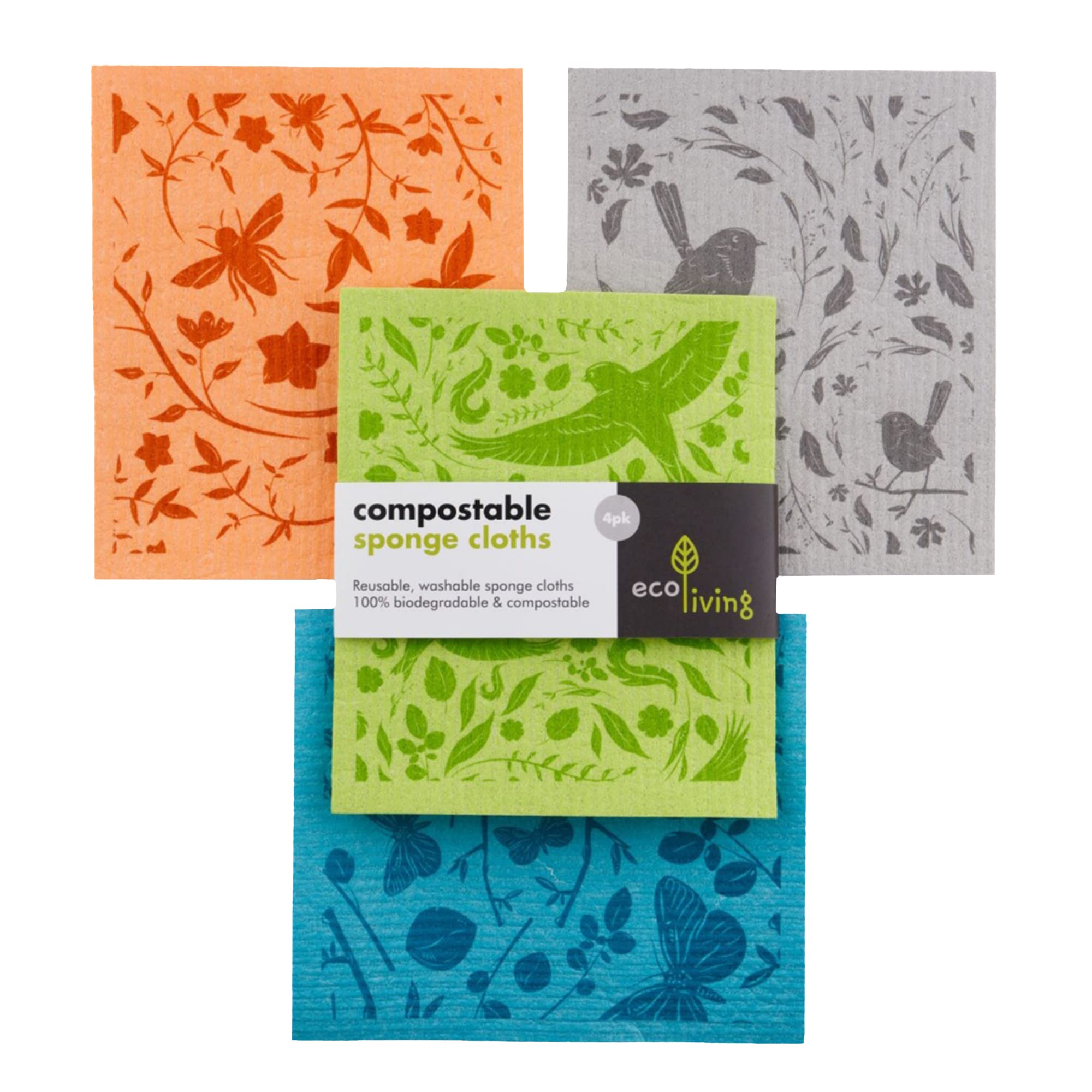 Ecoliving Botanic Garden Compostable Sponge Cleaning Cloths - Dishcloth - Eco Friendly & Sustainable Biodegradable Cellulose Sponge Cloths - Kitchen Cleaning Cloth (Garden Print)