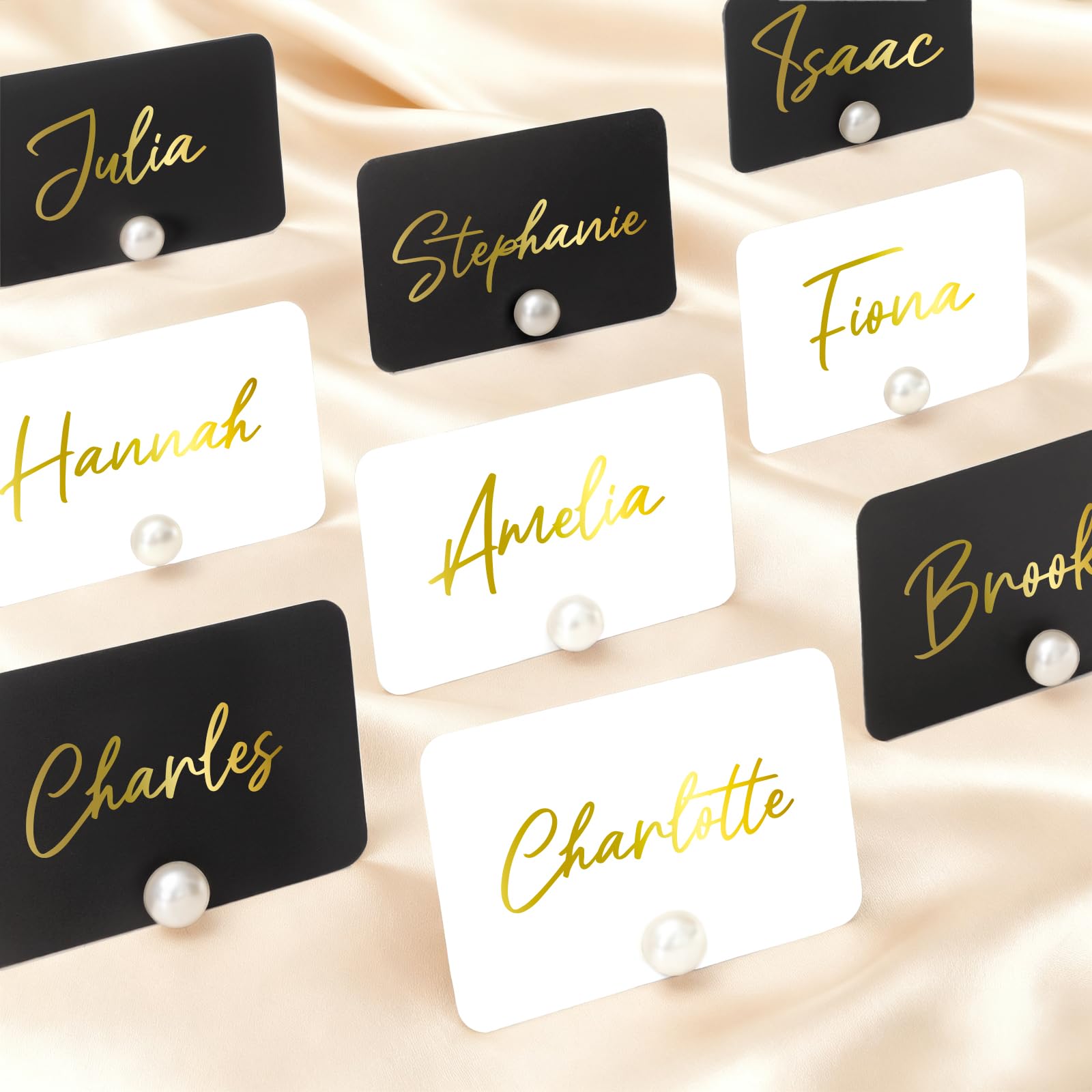 Photo 1 of UNIQOOO 24Pcs Decorative Pearl Place Card Holders w/Black White Cards, Elegant Men&Women Name Card Stands Set, for Wedding Event Table place Cards, Retail Shop, Business Card, Party Food Signs