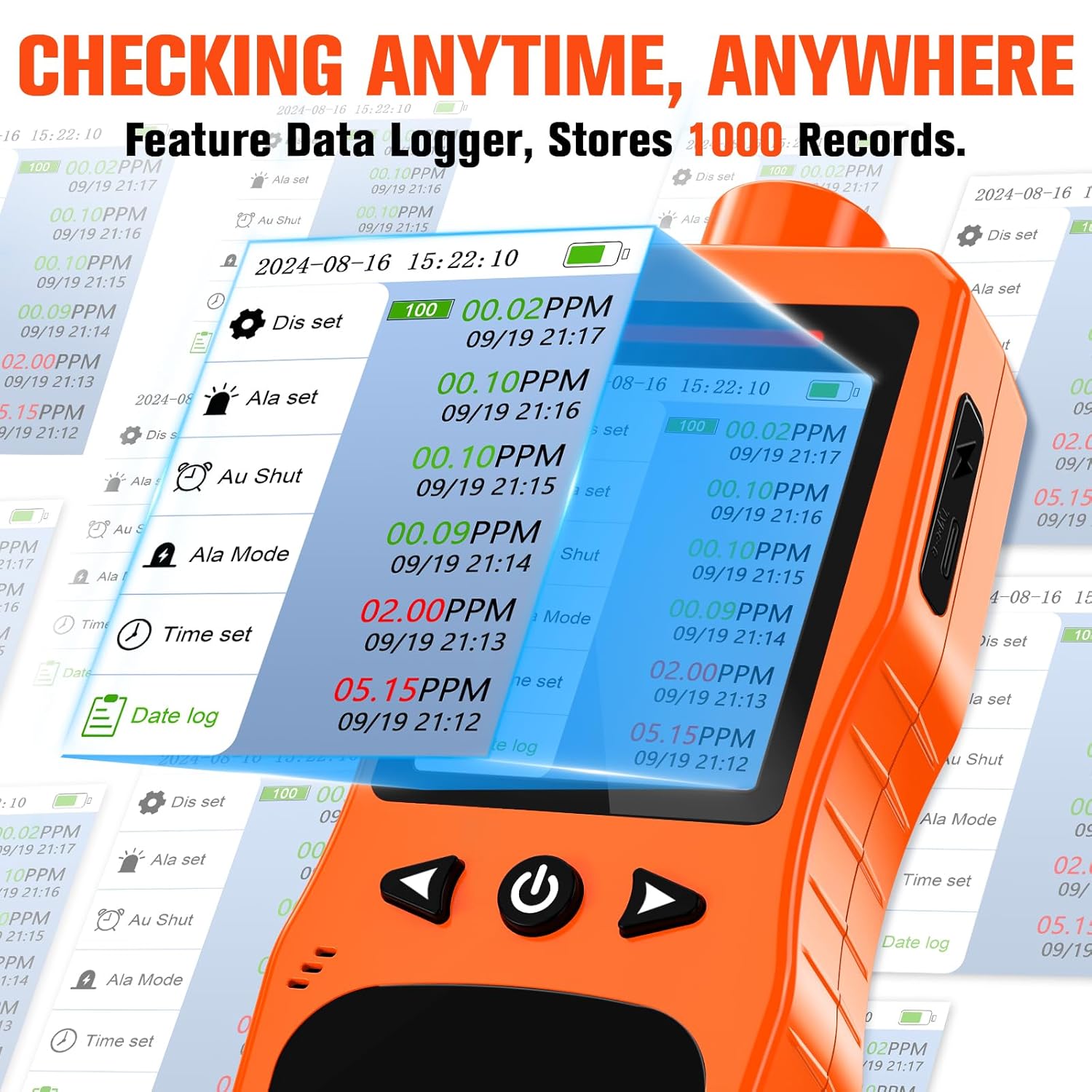 Portable Ozone Detector, 0-100 PPM Ozone Gas Monitor with 0.01 PPM High Resolution, 16H Long Battery Life, Ozone Meter with Alarm, O3 Air Quality Monitor with Temp & Humidity Tester, Orange