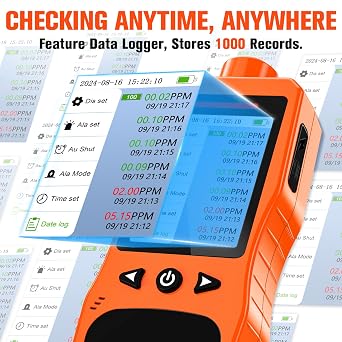 Portable Ozone Detector, 0-100 PPM Ozone Gas Monitor with 0.01 PPM High Resolution, 16H Long Battery Life, Ozone Meter with Alarm, O3 Air Quality Monitor with Temp & Humidity Tester, Orange