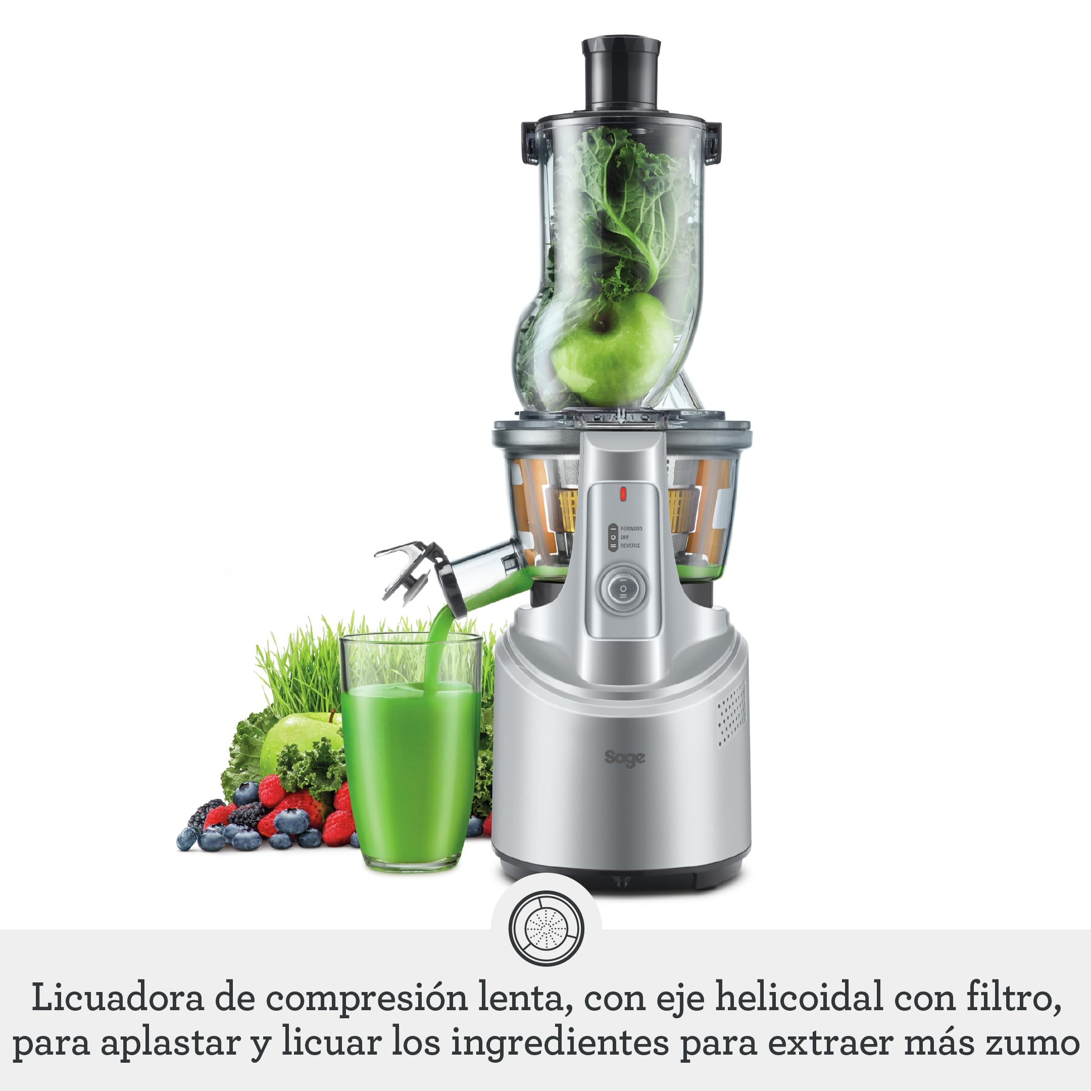 Sage Big Squeeze, Exprimidor de Fruta para Zumos y Smoothies, Plata | Exprime Alimentos Enteros con Gran Canal de Alimentación, Motor Silencioso de 240W, Tapón para Mezclar