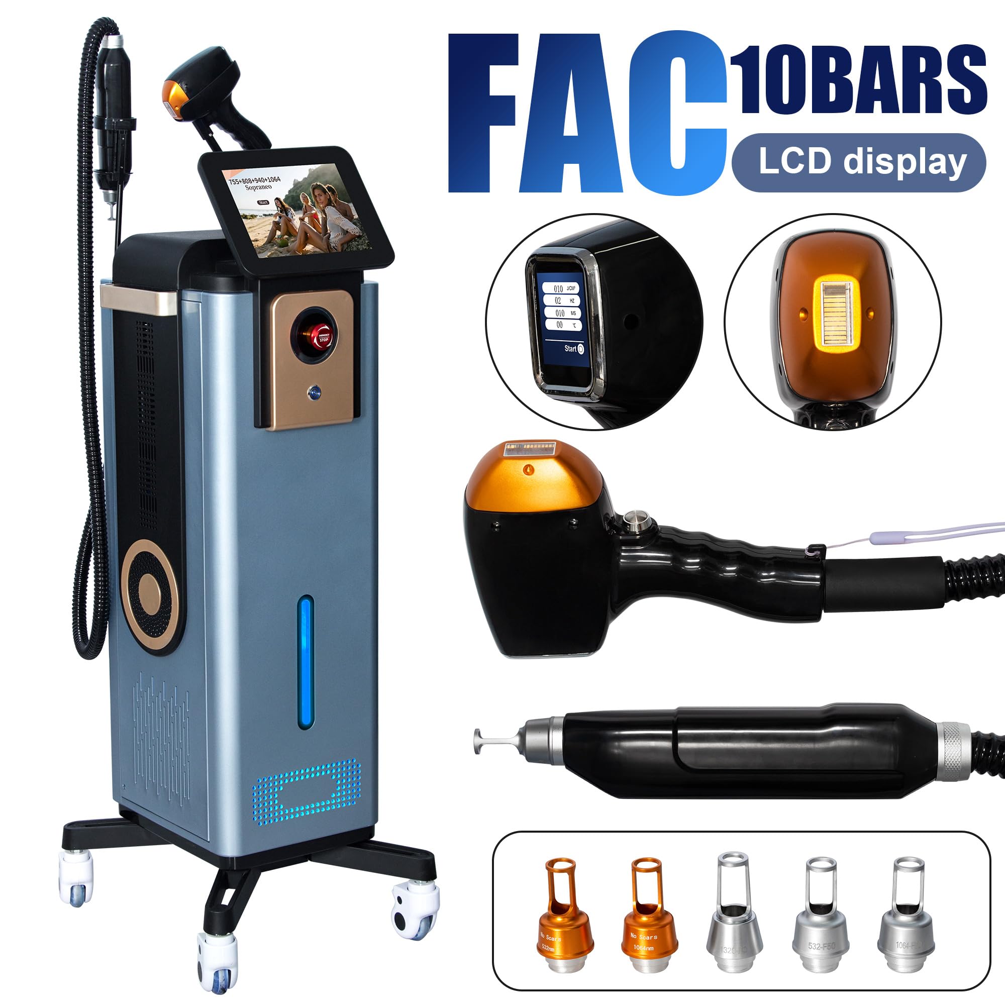 Dispositivo Epilatore Laser Verticale 2 in 1 Diodo FAC + Picosecondo, 4 Lunghezze d’Onda Raffreddamento Zaffiro, Schermo Touch, Base Rotante per Centri Estetici Professionali