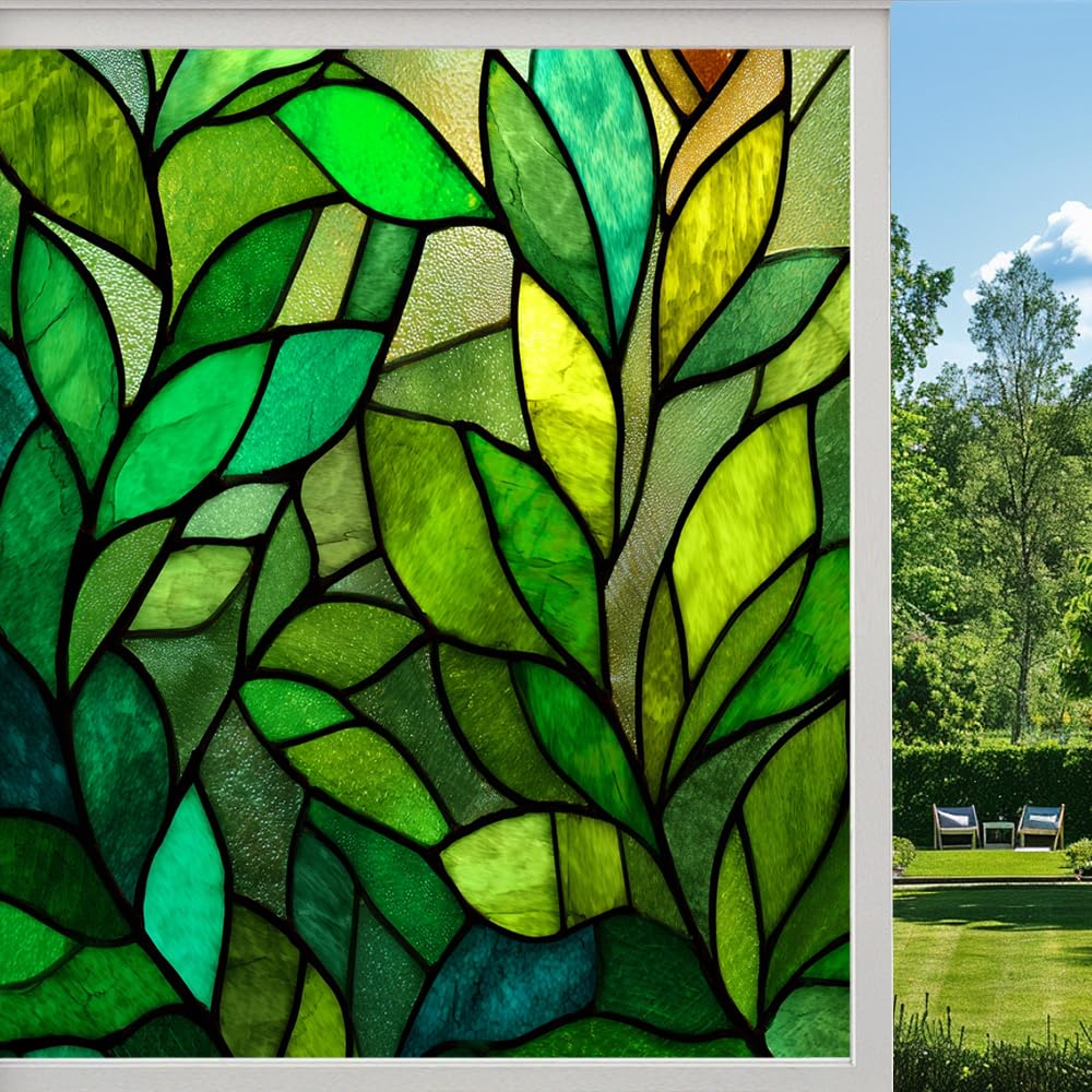 Retro Plants Privacy Window Film, Natural Leaves Botanical Frosted Self-Adhesive Vinyl Cling for Glass Doors Bathroom Windows Sun Blocking Heat Control, （40x80cm）