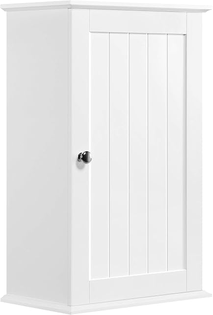 Yaheetech Wall Mounted Kitchen Storage Cabinet Single Door Wooden Cupboard with 3 Tiers Shelves for Bathroom Living Room Hallway, White
