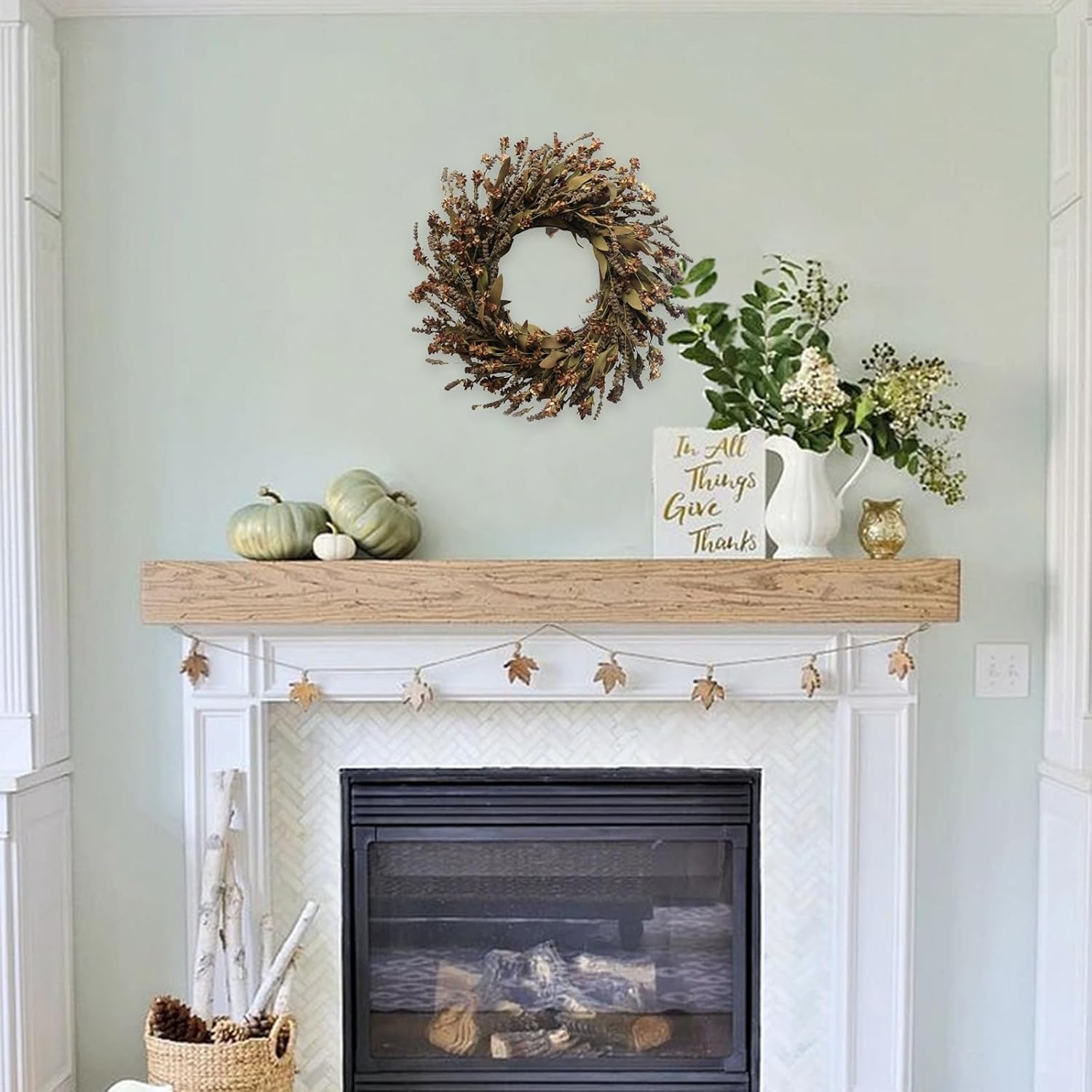 TEMPUS 20" Artificial Fall Coffee-Colored Flower String Wreath Fall Mustard Harvest Wreath Fall Leaves Grain Wreath Front Door Wall Decoration Christmas Harvest Thanksgiving Home Decor