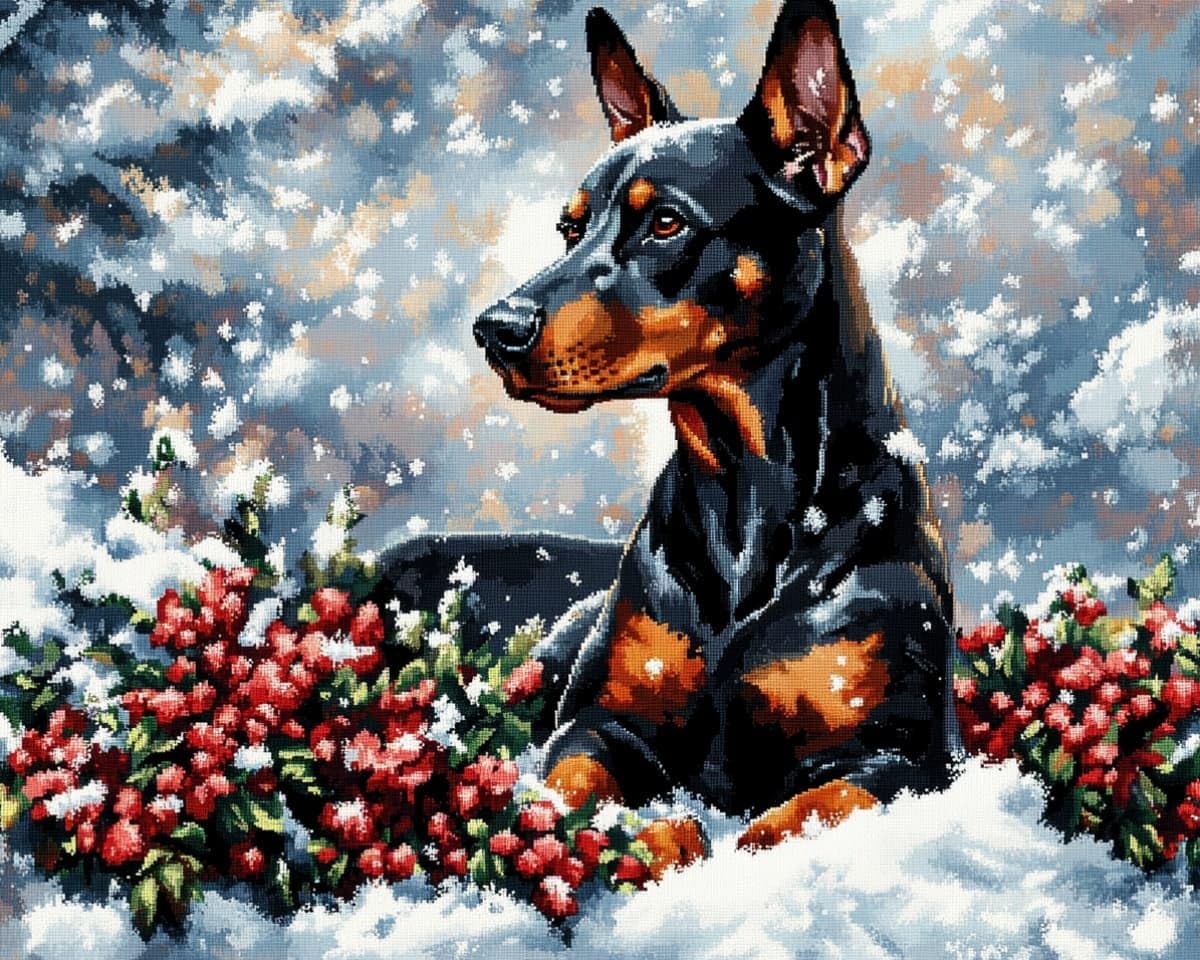 AxiangziK Stamped Cross Stitch Kits 12x16in,Doberman Pinschers in the Snow Pre-Printed 11CT Fabric DIY Art Embroidery Kits Needlework Crafts,Home Wall Decor Gift for Adults Kids