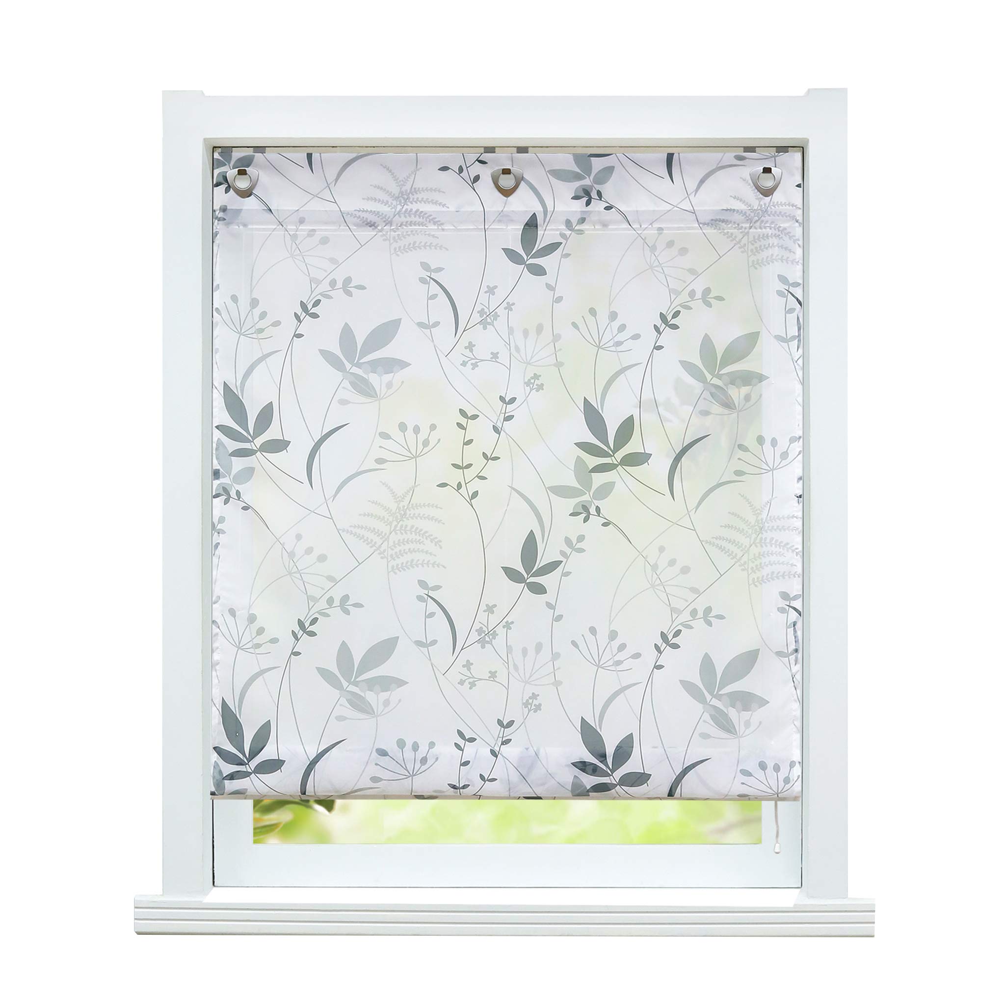 ESLIR Raffrollo ohne Bohren Raffgardine mit Ösen Blätter Muster 120x140cm | Weiß,Transparent,Gardinen mit U-Haken,Ösenrollo Modern,1Stück,Mit Hakenaufhängung,Bändchenrollo für Fenster innen