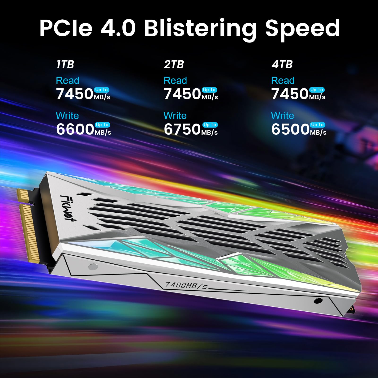 Fikwot FN990 NVMe SSD M.2 2280 PCIe Gen4x4 da 1 TB con dissipatore di calore RGB, fino a 7400 MB/s, 3D NAND TLC, unità a stato solido da gioco interna per PS5 e desktop