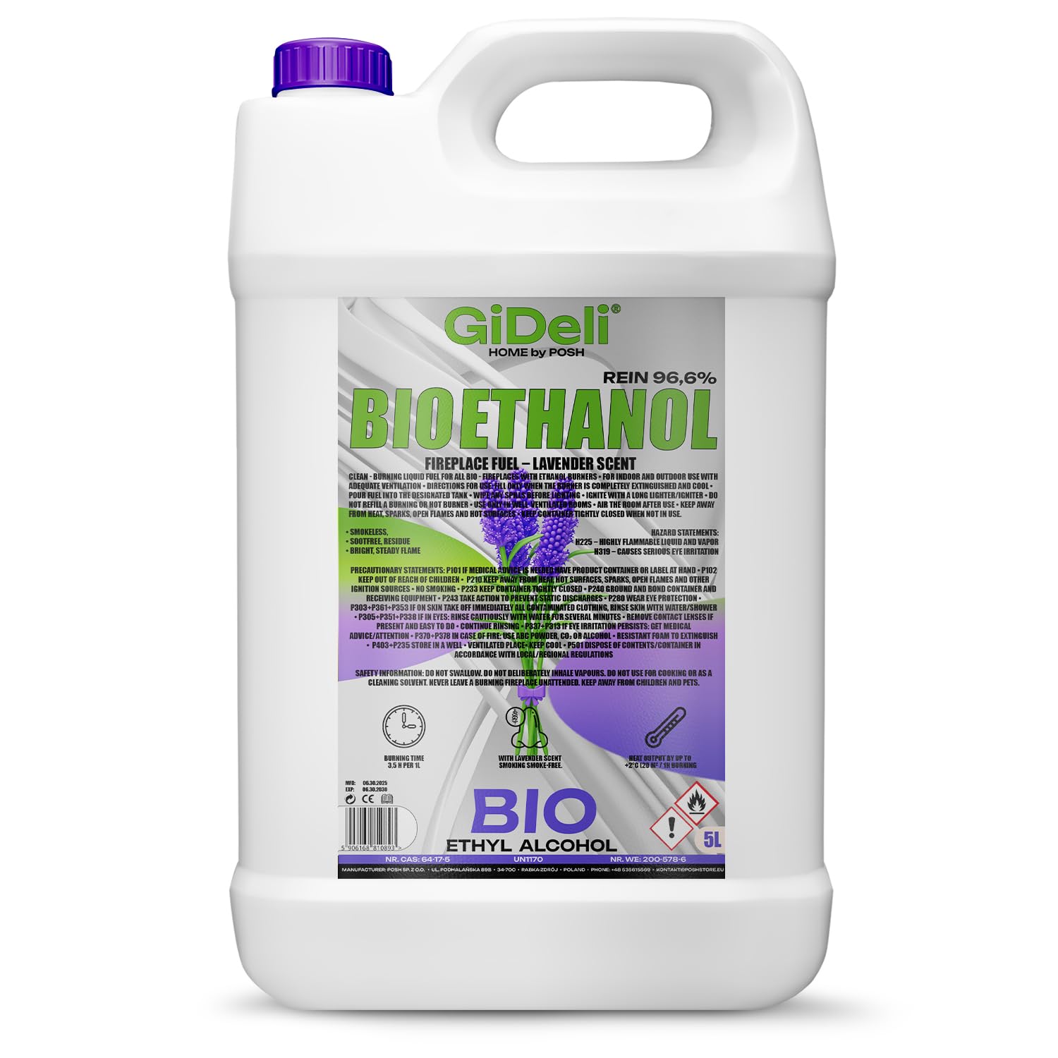 GiDeli Bioéthanol 5 L Parfum Lavande 96,6 % éthanol Pour