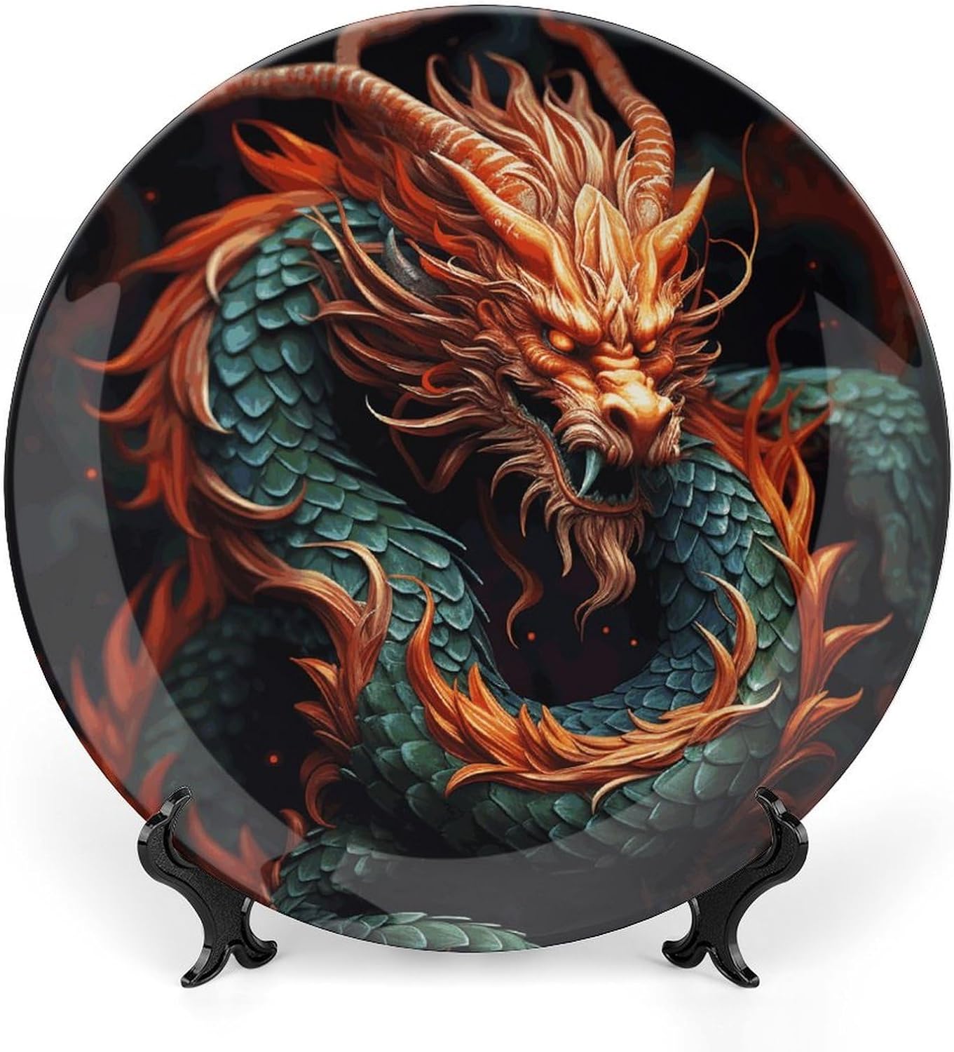 Chinese Dragon Bone China Decorative Plate with Display Stand, Ceramic Ornaments Plate for Wall Hanging, Personalized Porcelain Plates for Office, Living Room 8inch