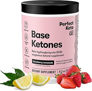 Perfect Keto Exogenous Ketones Powder, BHB Salts Supplement for Ketosis & Fasting, Electrolytes for Hydration, Caffeine Free Energy, Keto Diet, Focus & Workout Support, Strawberry Lemonade, 8.57 oz
