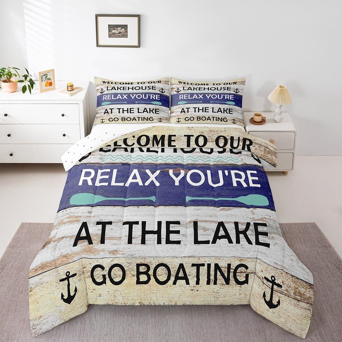 Feelyou Queen Size Lake House Duvet Quilt Boys Girls Paddle Bedding Set for Kids Women Men Ultra Soft Camping Comforter Set Farmhouse Decor Breathable Soft Lightweight Microfiber