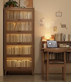 Solid Wood Bookcase 5 Tier Bookshelves with Tempered Glass Flip-Up Doors 72Hx13.7Dx32W" Brown Finish Cube Storage Organizer, Bookshelf Versatile Pantry Cabinet with Storage for Kitchen Home Office