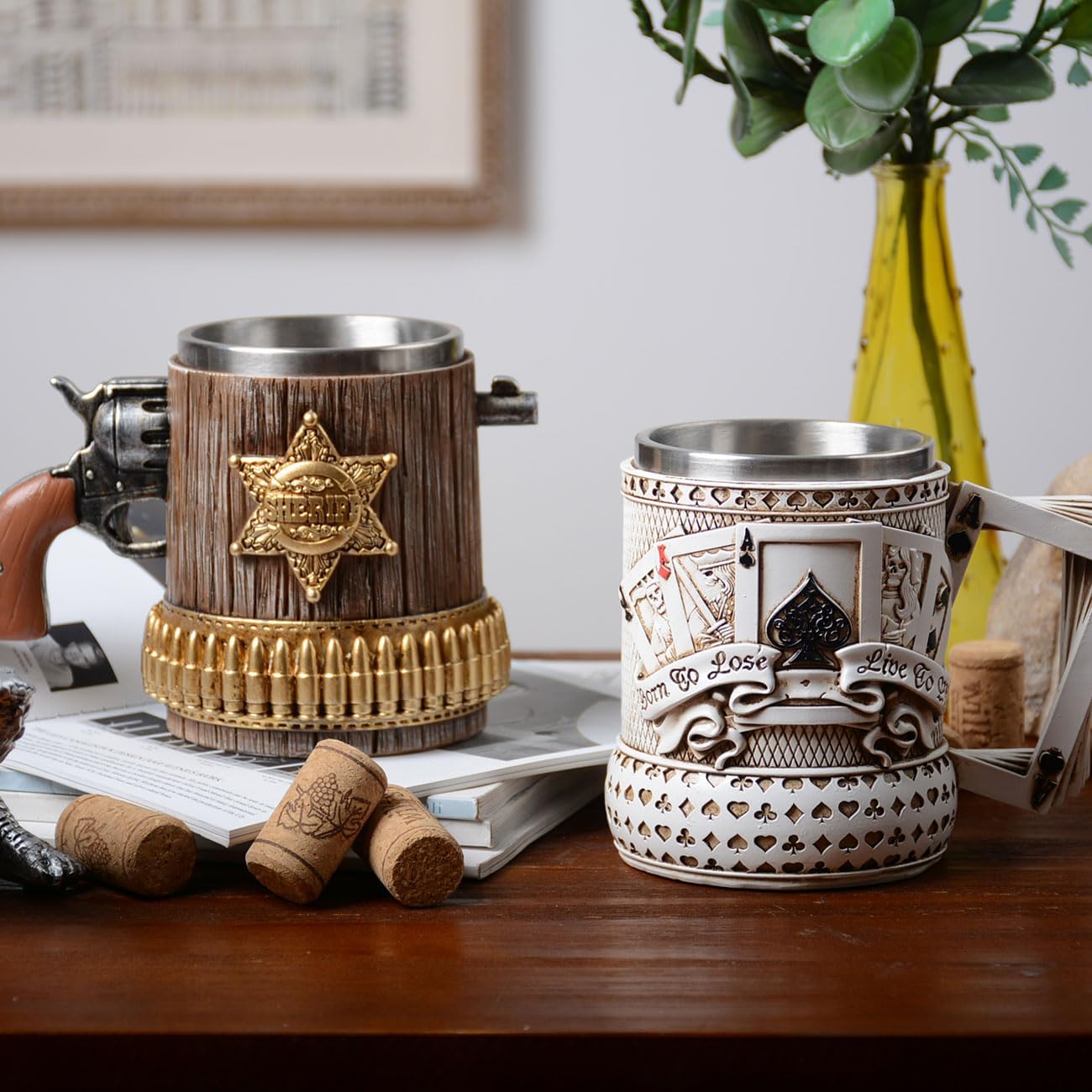 HAUCOZE Beer Stein Mug - Double-Wall Insulated Stainless Steel Coffee Drinking Cup with Handle,15oz,Sheriff Design for Oktoberfest Gifts and Collectibles - Image 6