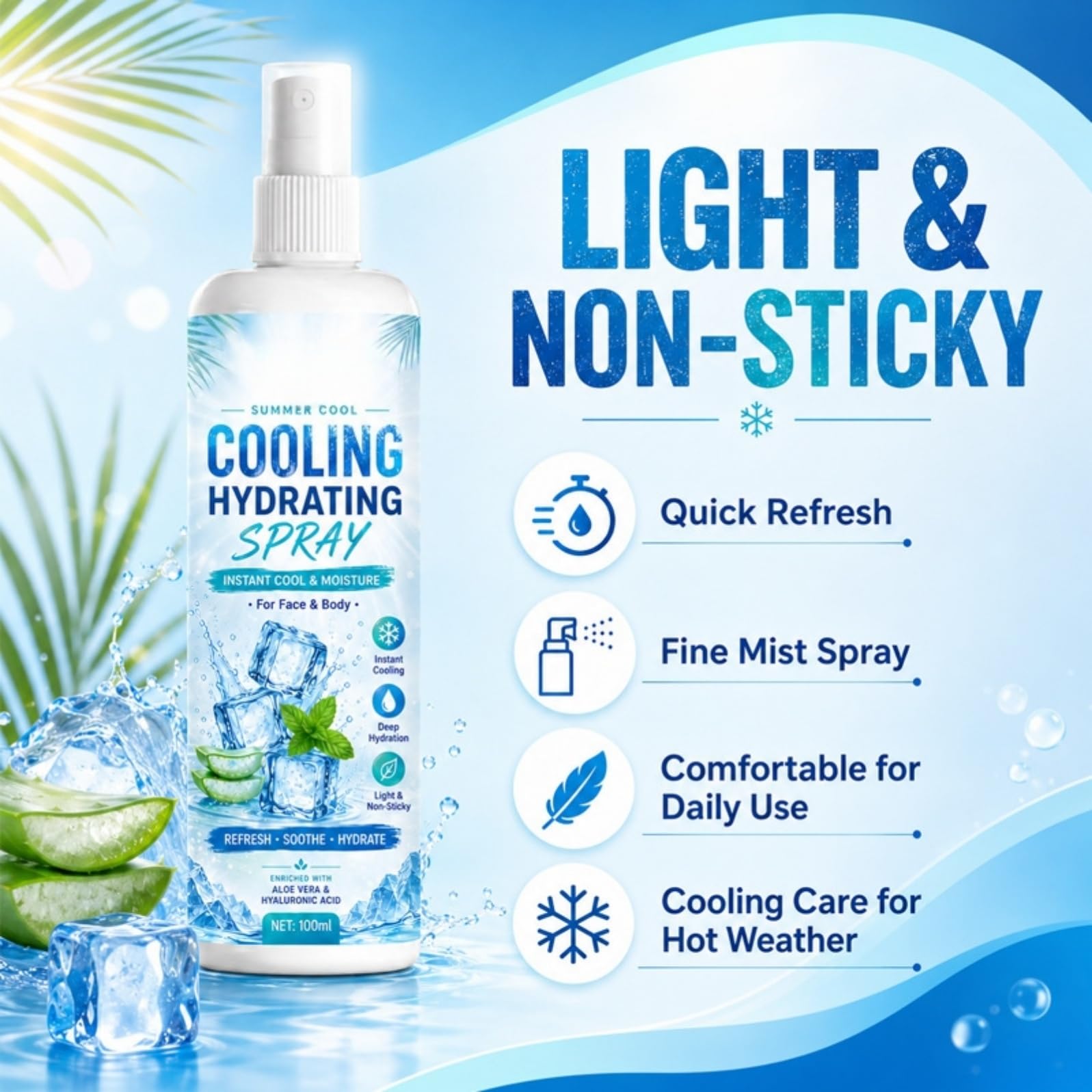 Mikro-mgła spray do ciała z kwasem hialuronowym do pielęgnacji skóry – natychmiastowe odświeżenie latem, idealny w podróży i na plażę – dezodorujący spray do ciała zapewniający natychmiastową redukcję