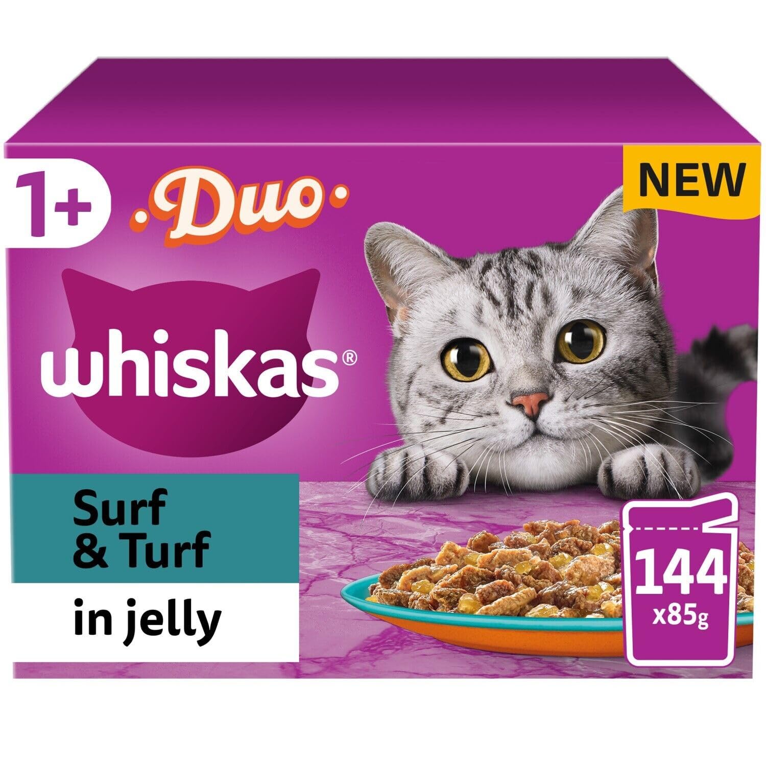 Whiskas 1+ Surf & Turf in Jelly 144 x 85g Pouches – Adult Wet Cat Food Megapack with Meat & Fish Variety, Nutritionally Balanced Meals with Essential Vitamins & Minerals for Cats Aged 1+