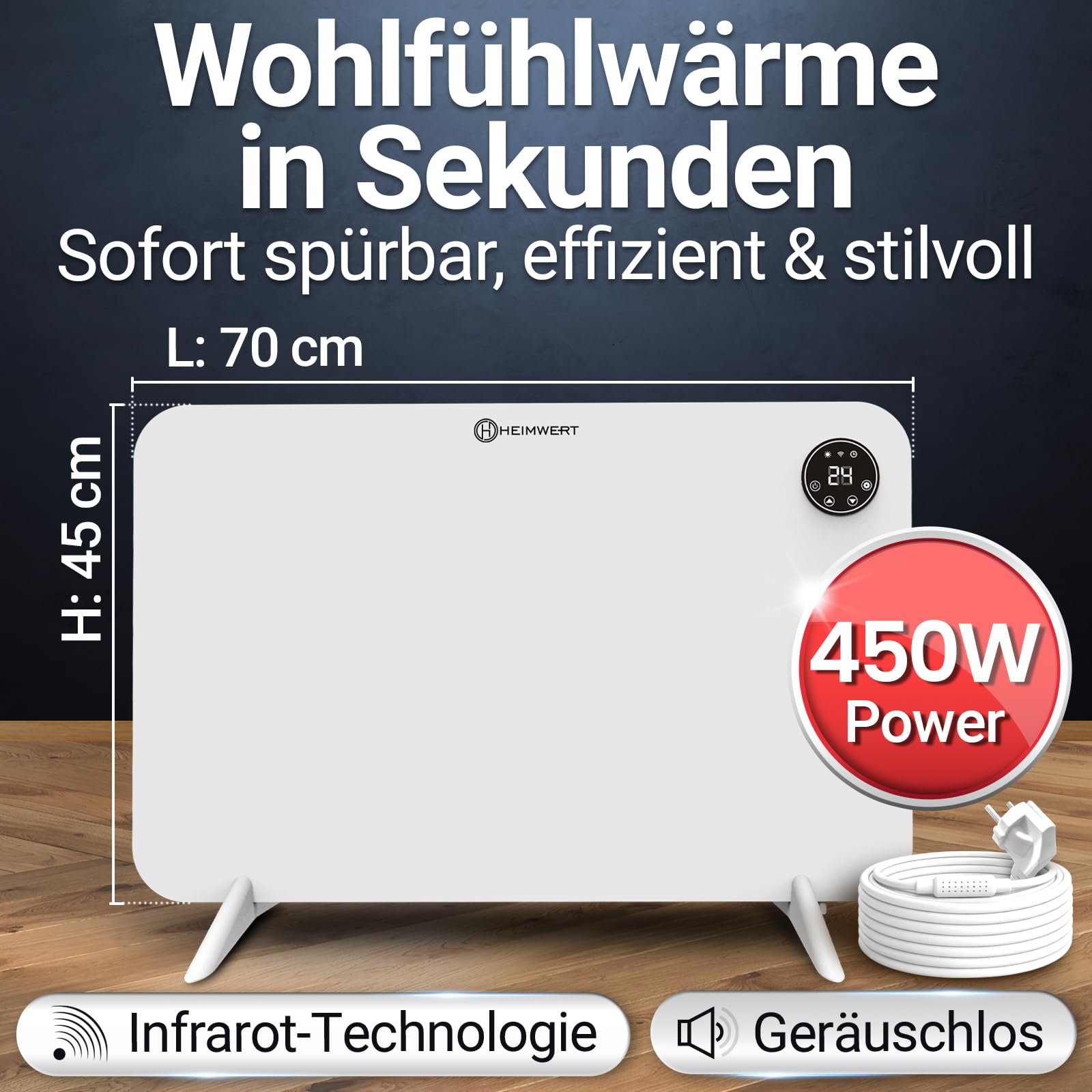 HEIMWERT Infrarot Wandheizung - Sofort Wohlfühlwärme - Senkt Heizkosten enorm - Luxusausstattung mit Thermostat + App - Langlebig, Geräuschlos - 2in1 Wandmontage und Standgerät (weiß - 450Watt)