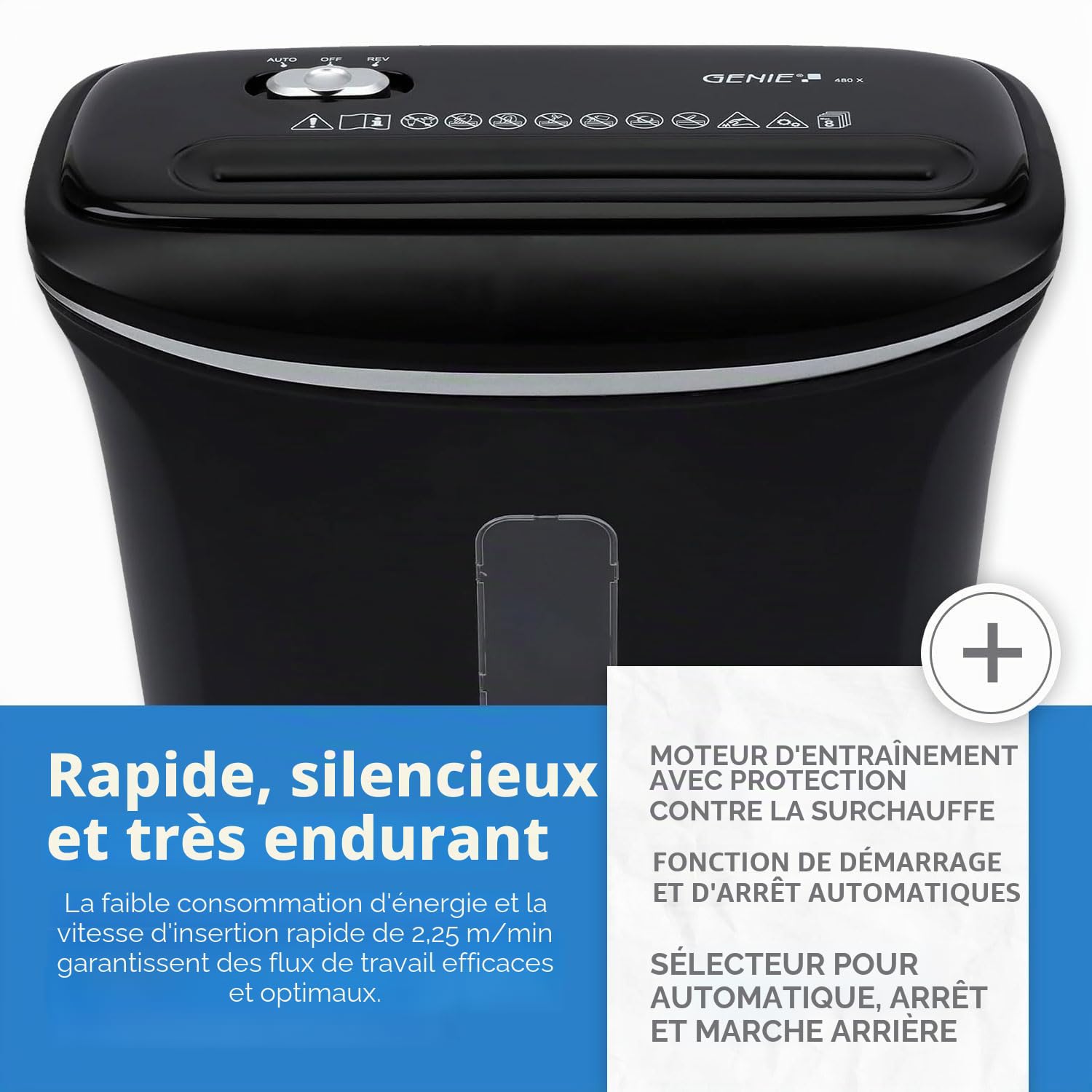 Genie Destructeur de documents 480 x | Broyeur de papier 8 feuilles | Coupe à particules | Niveau de sécurité P-4 | Fonction marche/arrêt automatique | Corbeille à papier de 12 l | Protection contre