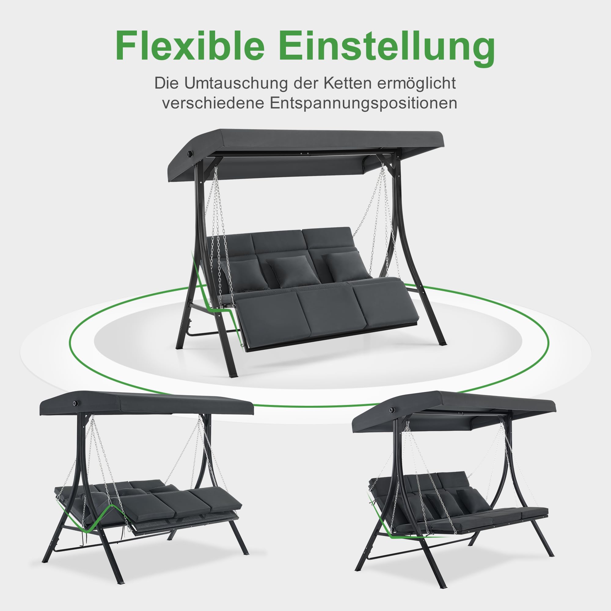 M MCombo Hollywoodschaukel mit Liegefunktion, Gartenschaukel 3 Sitzer Wetterfest, Outdoor Schaukelbank mit Metallketten, Verstellbarem Dach, 123 * 194 * 169 cm, 8018 (Dunkgelgrau)