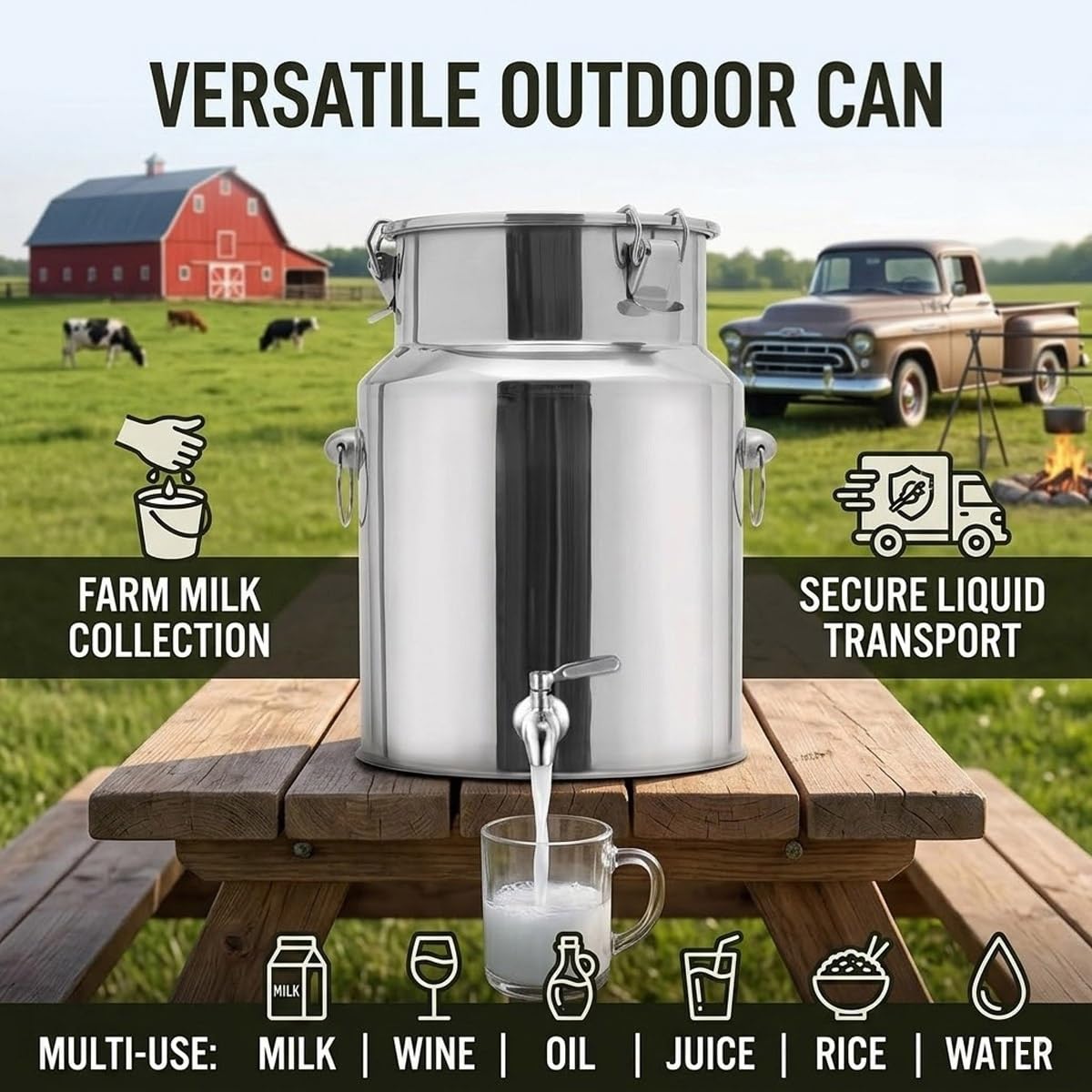 Lechera Acero Inoxidable 5L 8L 9L 10L 14L 28L Resistente con Tapa y Asa Jarra de Leche Hermética para Almacenamiento Seguro de Alimentos y Líquidos(No Spigot,7L/1.85Gal)