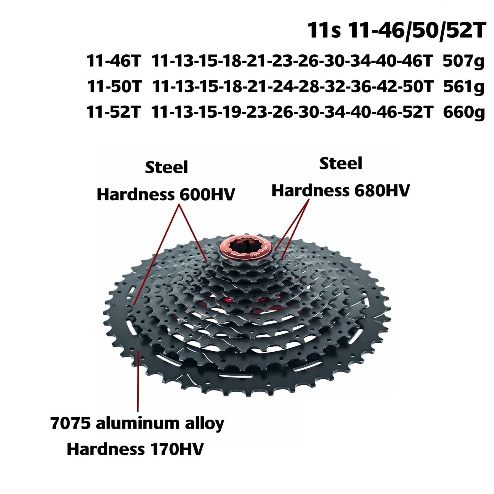 Cassettes y piñones Compatible con Cassette Ligero ZRACE Alpha de 10, 11 y 12 velocidades para Bicicleta montaña, buje Libre HG/MS/XD, 46/50/52 Dientes Cassette de Piñones