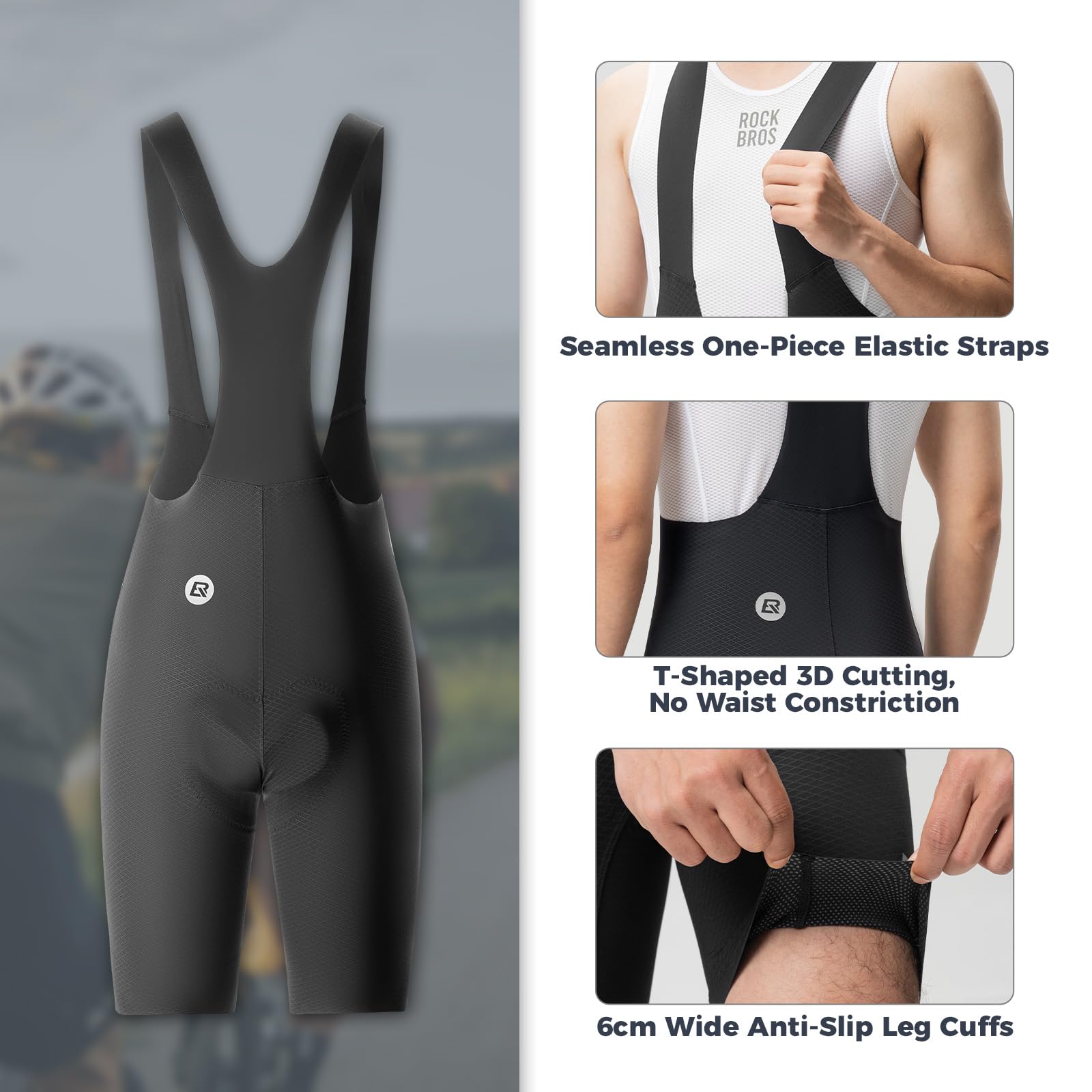 ROCKBROS Salopette Ciclismo Uomo Estiva, Pantaloncini Ciclismo Uomo con Bretelle Imbottiti, con Fodello 3D, Traspirante e Asciugatura Rapida, Abbigliamento per Bici da Strada MTB, Nero