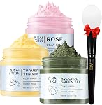 ANAI RUI 3 Pcs Spa Facial Mask Set- Dead Sea Minerals Mud Mask - Turmeric Clay Mask - Green Tea Facial Mud Mask, Blackheads & Oil Control Relaxing Spa Gift Set Self Care for Women Teens 2.5 oz Each