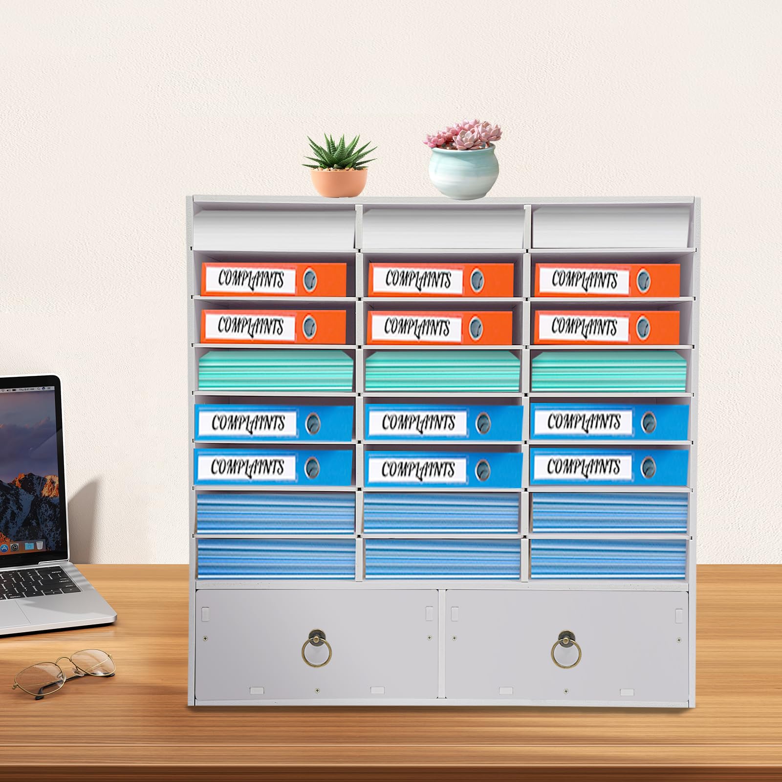 Organizzatore postale di carta, organizer da scrivania, porta documenti, 71,5 x 30 x 70 cm, con 24 scomparti e 2 cassetti, per ufficio (bianco)