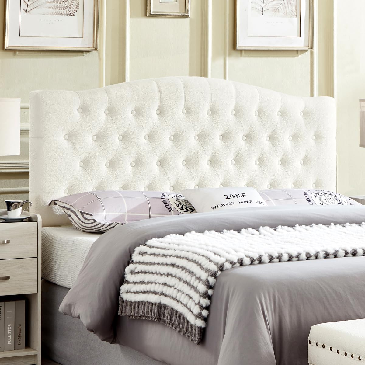 24KF Boucle Upholstered Tufted Button Queen Headboard and Comfortable Fashional Padded Queen/Full Size headboard,6025-Q-Boucle-Ivory